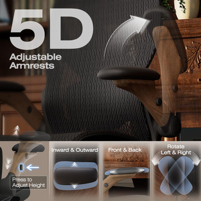 Ergonomic Office Chair with Footrest, Big and Tall Home Desk Chair with 5D Flip-Up Arms, Adjustable 3D Lumbar Support,High Back Rolling Computer Chair, Swivel Mesh Chairs (Library Oak)