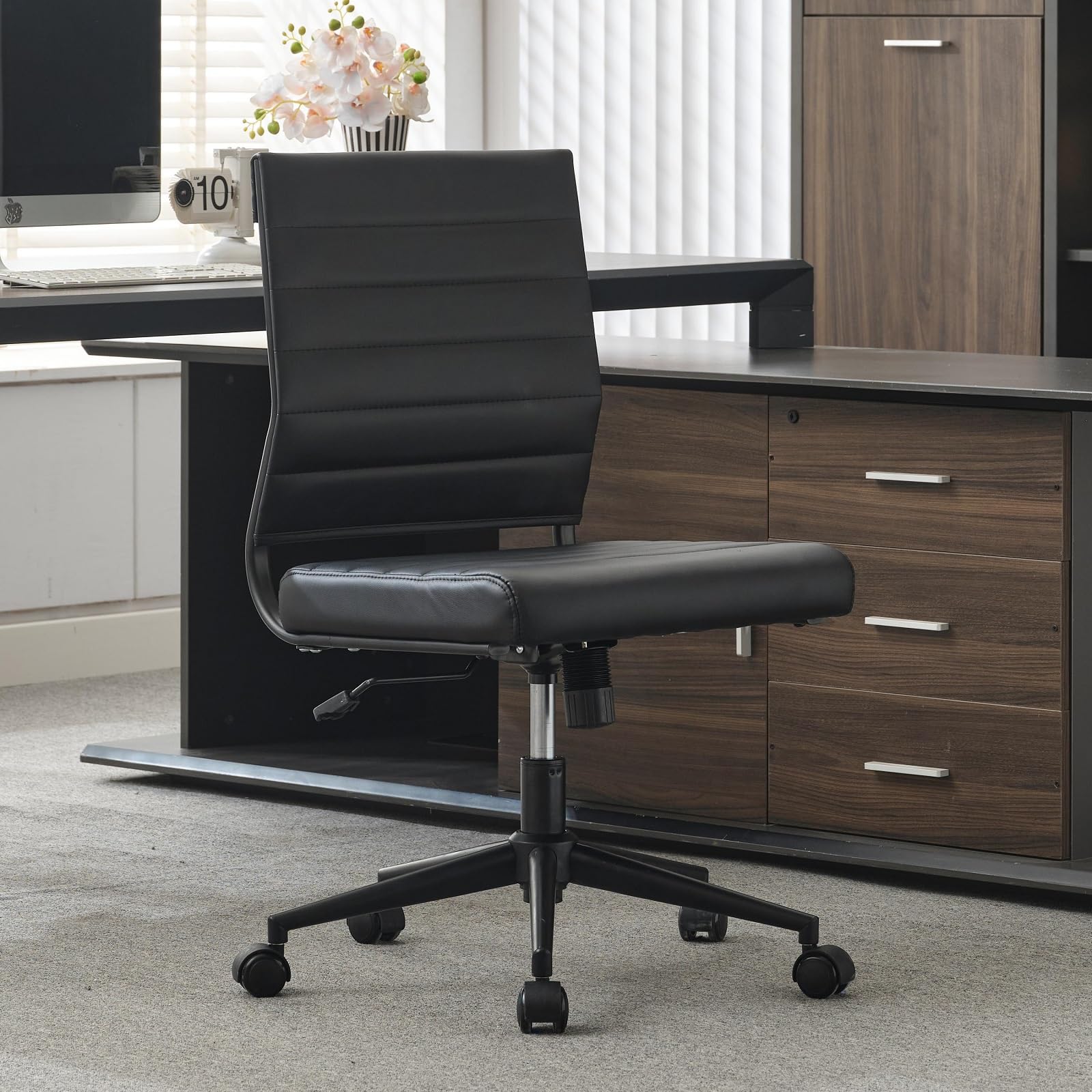 Office Desk Chair No Arms, Mid Back Ergonomic Swivel Black Armless Conference Room Chairs, Adjustable Height PU Leather Home Desk Chair, Modern Small Rolling Computer Task Chair