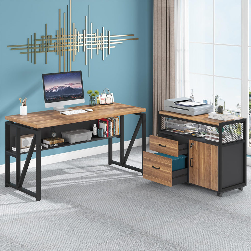 55-inch L Shaped Desk with Drawer Cabinet, Executive Computer Desk and lateral File Cabinet, 2 Piece Home Office Furniture with Drawers for Hanging File, Doors with Locks (Brown, 55 inches)