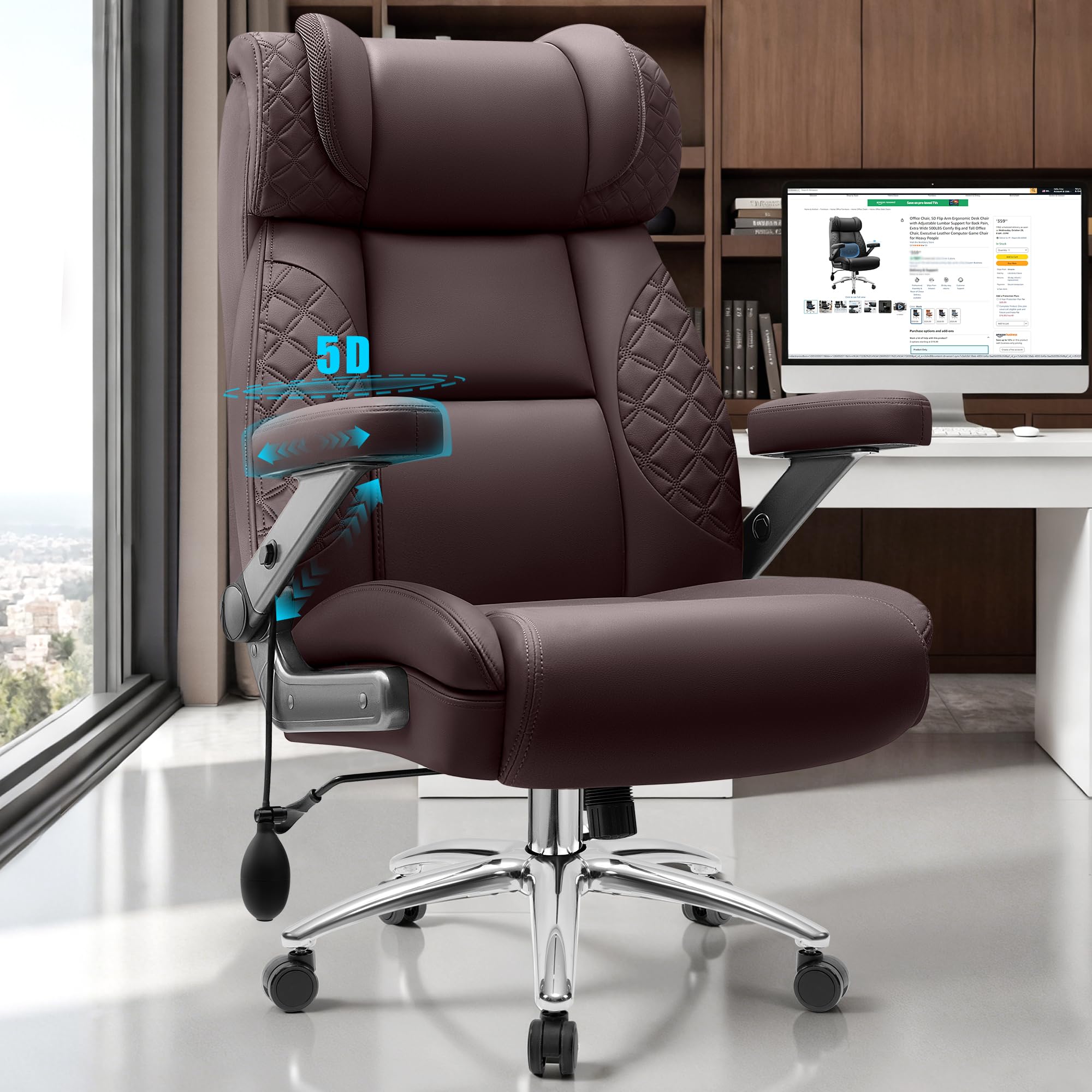 Office Desk Chair, Big and Tall Executive Office Computer Chair, Extra Wide 500LBS Heavy Duty Office Chair, High Back Ergonomic Office Gaming Chair with Adjustable Lumbar Support & 5D Flip Arms