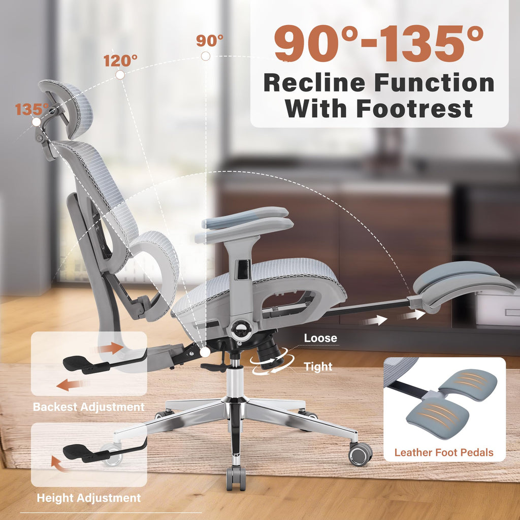 Ergonomic Office Chair with Footrest-Mesh Desk Chair with Adjustable Headrest, 5D Armrests, 3D Lumbar Support & Adjustable Backrest, High Back Swivel Computer Chairs, Heavy Duty Metal Base 400lbs