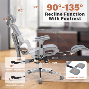 Ergonomic Office Chair with Footrest-Mesh Desk Chair with Adjustable Headrest, 5D Armrests, 3D Lumbar Support & Adjustable Backrest, High Back Swivel Computer Chairs, Heavy Duty Metal Base 400lbs
