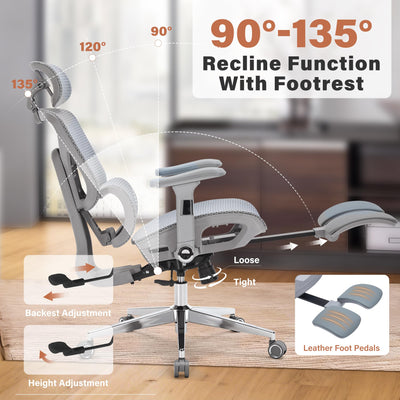 Ergonomic Office Chair with Footrest-Mesh Desk Chair with Adjustable Headrest, 5D Armrests, 3D Lumbar Support & Adjustable Backrest, High Back Swivel Computer Chairs, Heavy Duty Metal Base 400lbs