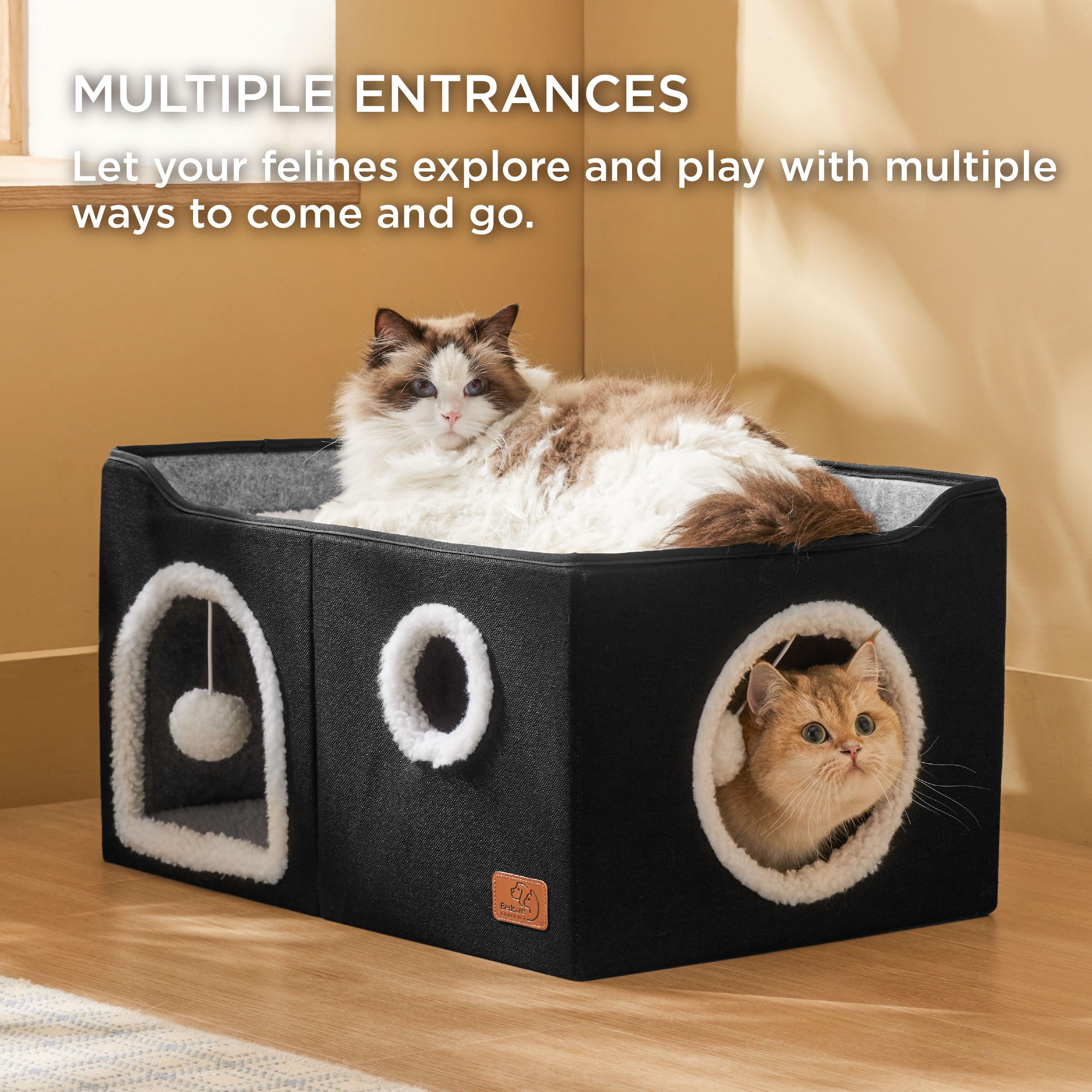 Large Cat Beds for Indoor Cats - Extra Wide Cat Cube House for Small Pet with Fluffy Ball Hanging and Scratch Pad, Foldable Pet Cave Hideaway for Multiple Cats, 23.6x16.9x13 inches, Black