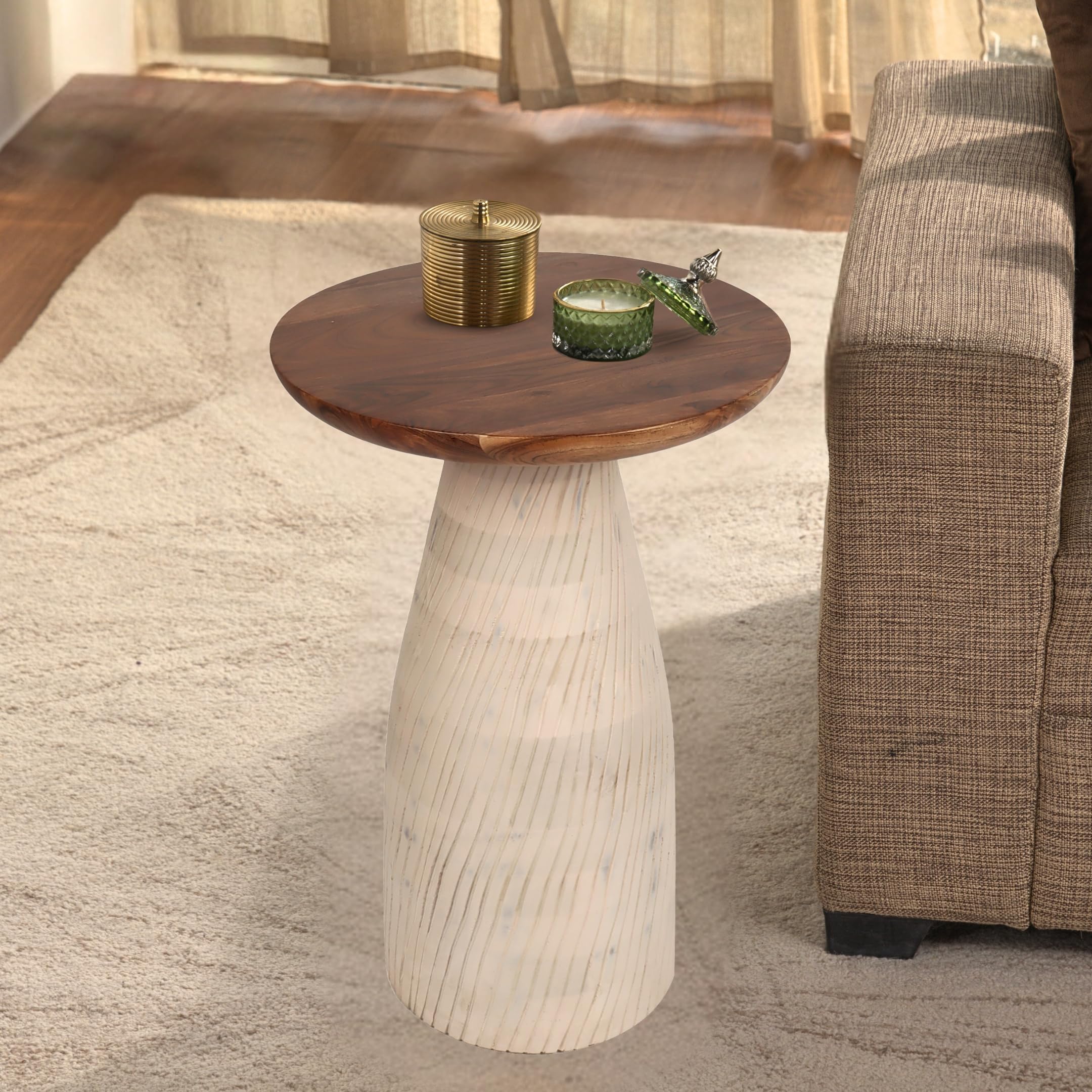 Modern Round Wood Accent Table with Carved Cone Base Solid Mango Wood Side Table for Living Room, Bedroom or Entryway White,Assembled