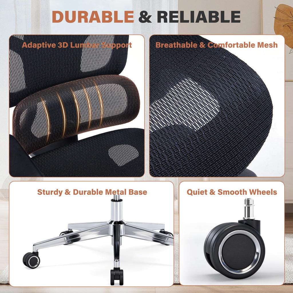 Ergonomic Office Chair with Footrest-Mesh Desk Chair with Adjustable Headrest, 5D Armrests, 3D Lumbar Support & Adjustable Backrest, High Back Swivel Computer Chairs, Heavy Duty Metal Base 400lbs