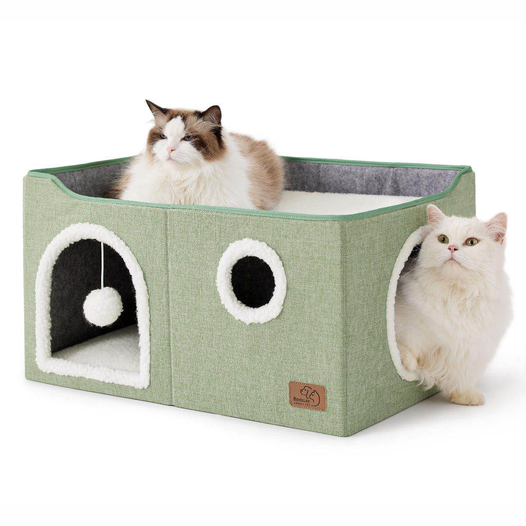 Large Cat Beds for Indoor Cats - Extra Wide Cat Cube House for Small Pet with Fluffy Ball Hanging and Scratch Pad, Foldable Pet Cave Hideaway for Multiple Cats, 23.6x16.9x13 inches, Green