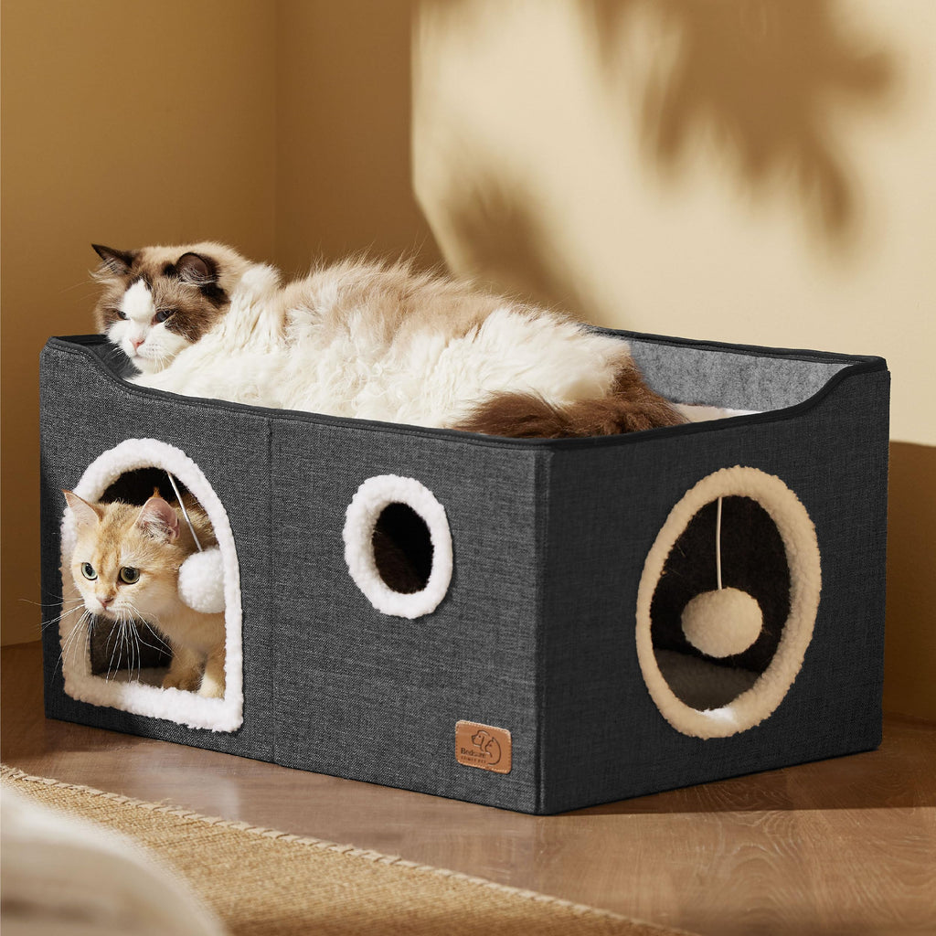Large Cat Beds for Indoor Cats - Extra Wide Cat Cube House for Small Pet with Fluffy Ball Hanging and Scratch Pad, Foldable Pet Cave Hideaway for Multiple Cats, 23.6x16.9x13 inches, Dark Grey