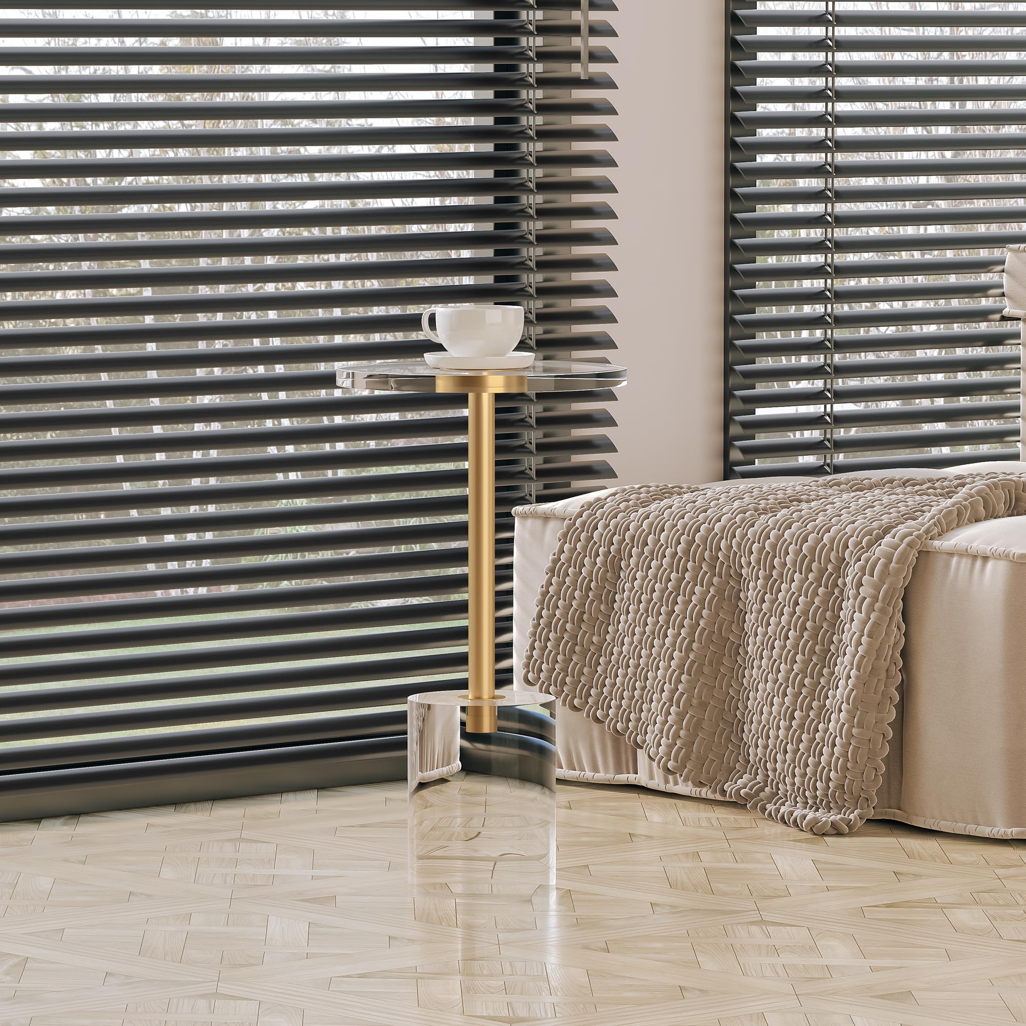 Clear Acrylic End Table, Modern Minimalist Round Side Table with Solid Base for Living Room, Bedroom, and Office, 12x12 inch, Easy Assembly, Transparent Design, Brushed Brass Metal Accent