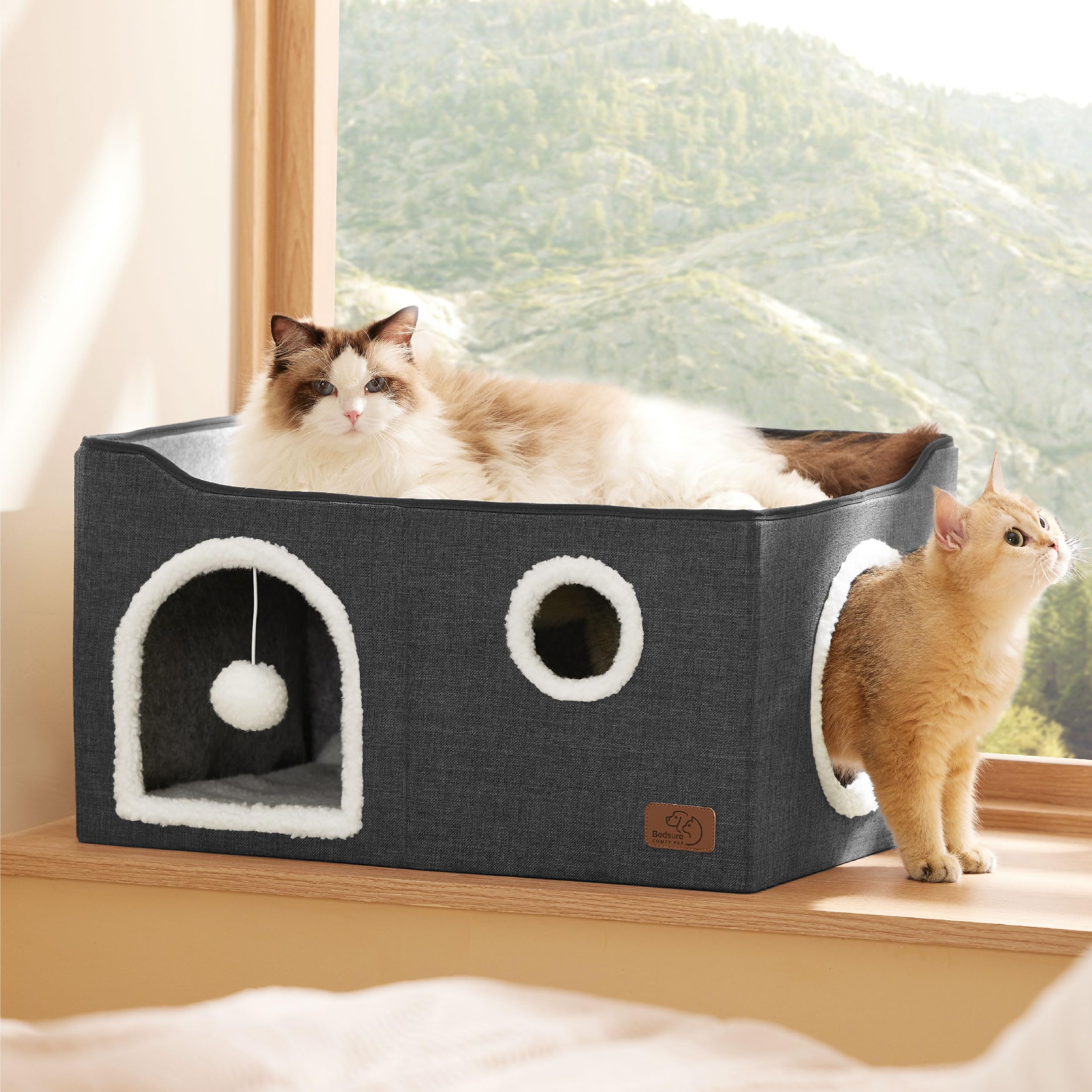 Large Cat Beds for Indoor Cats - Extra Wide Cat Cube House for Small Pet with Fluffy Ball Hanging and Scratch Pad, Foldable Pet Cave Hideaway for Multiple Cats, 23.6x16.9x13 inches, Dark Grey