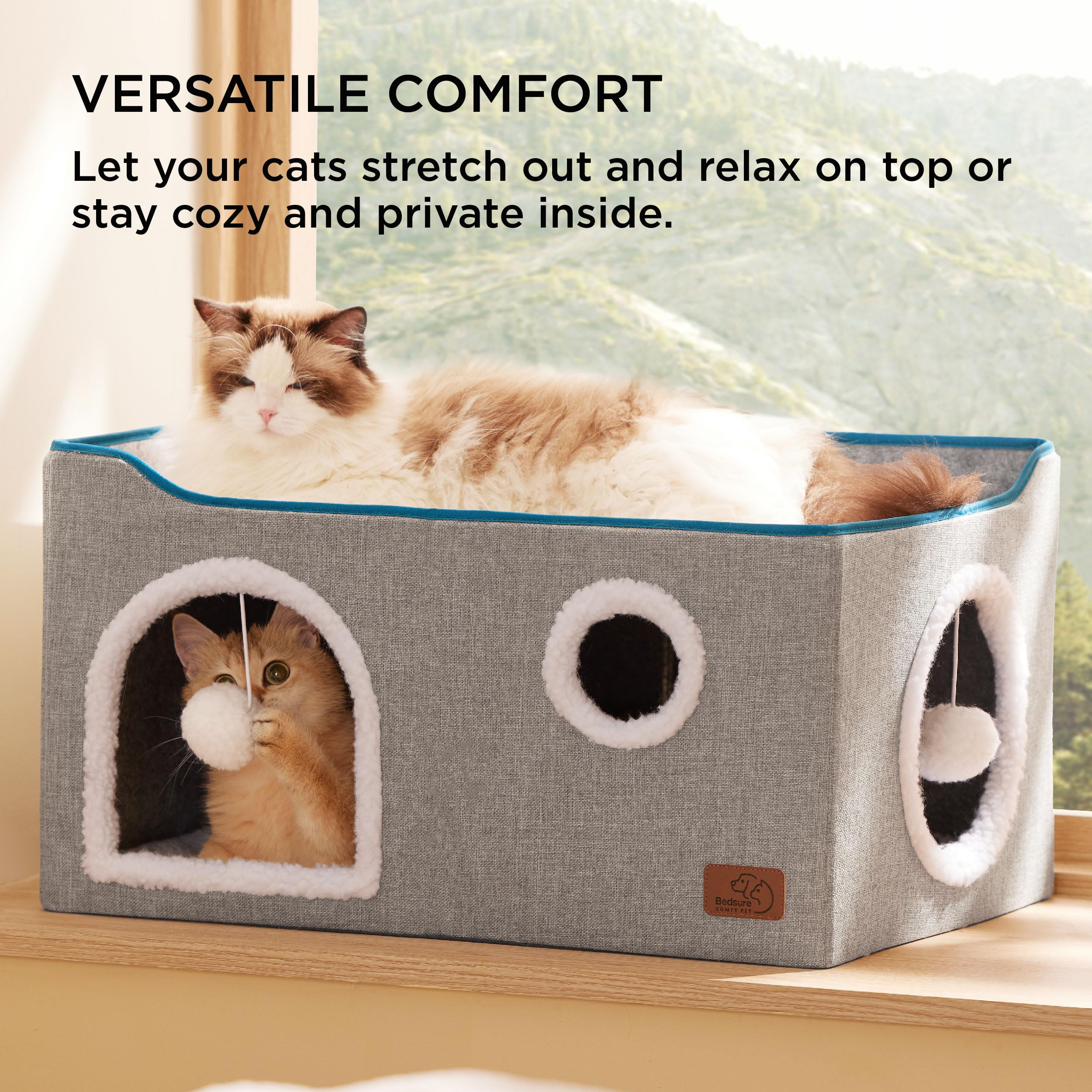Large Cat Beds for Indoor Cats - Extra Wide Cat Cube House for Small Pet with Fluffy Ball Hanging and Scratch Pad, Foldable Pet Cave Hideaway for Multiple Cats, 23.6x16.9x13 inches, Grey