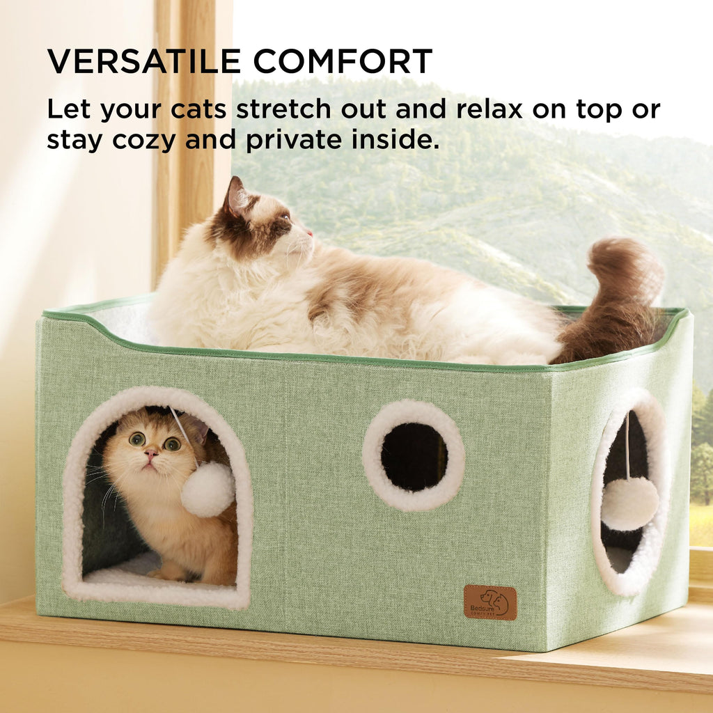 Large Cat Beds for Indoor Cats - Extra Wide Cat Cube House for Small Pet with Fluffy Ball Hanging and Scratch Pad, Foldable Pet Cave Hideaway for Multiple Cats, 23.6x16.9x13 inches, Green