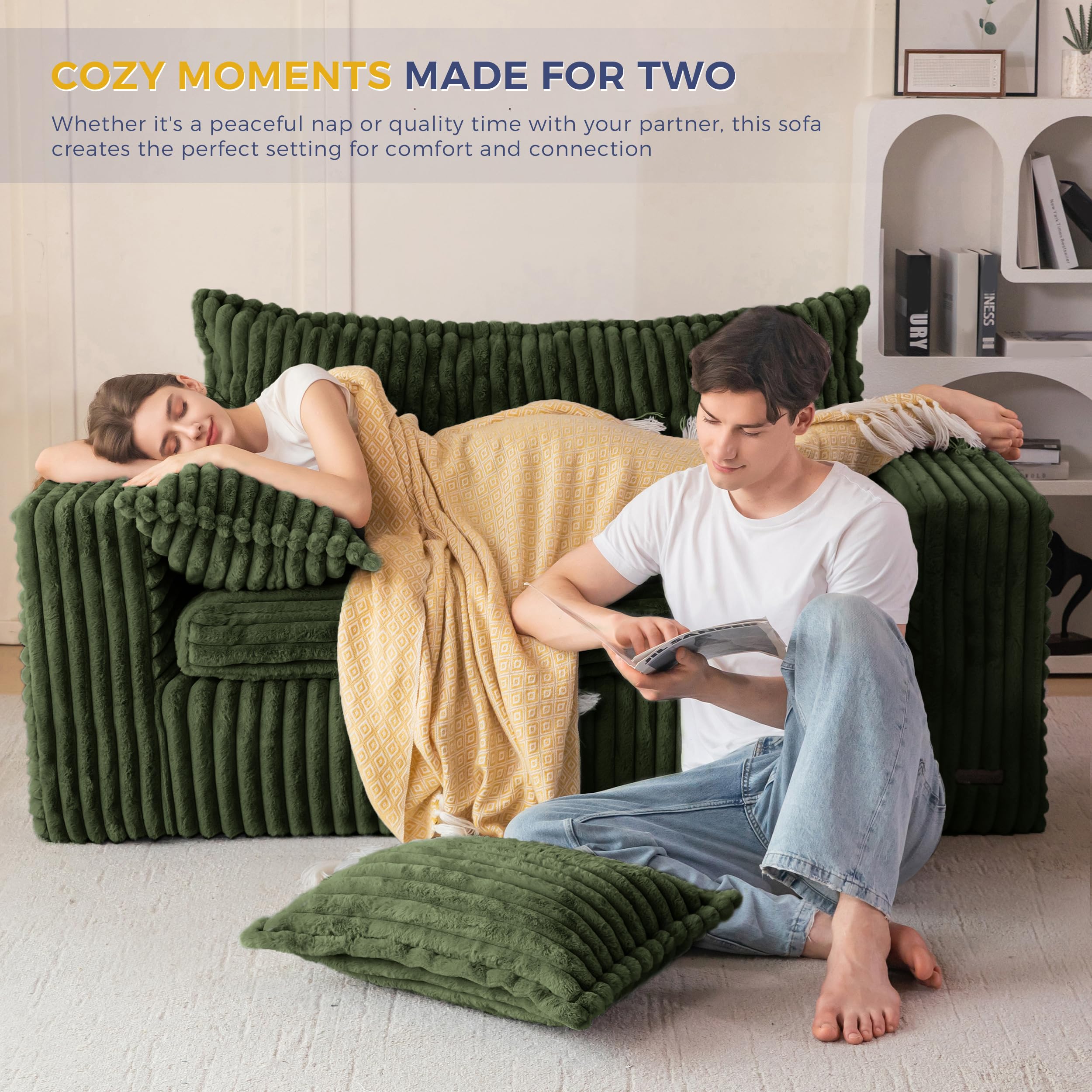 59" Bean Bag Sofa Couch, Loveseat Boneless Couch in a Box, Upholstered Small Mini Sofa with Deep Seating for Living Room Bedroom Office Apartment, No Assembly, Green