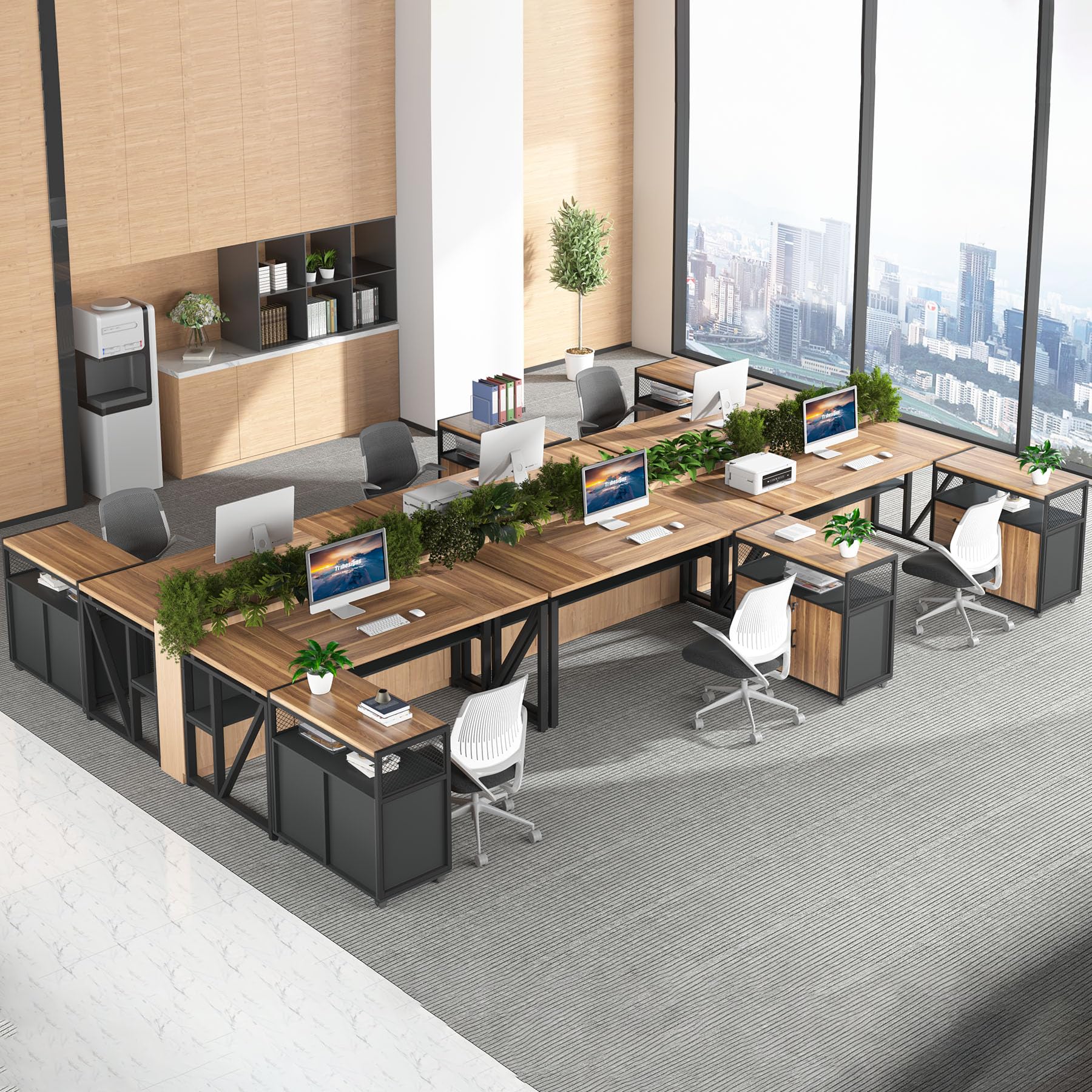 55-inch L Shaped Desk with Drawer Cabinet, Executive Computer Desk and lateral File Cabinet, 2 Piece Home Office Furniture with Drawers for Hanging File, Doors with Locks (Brown, 55 inches)