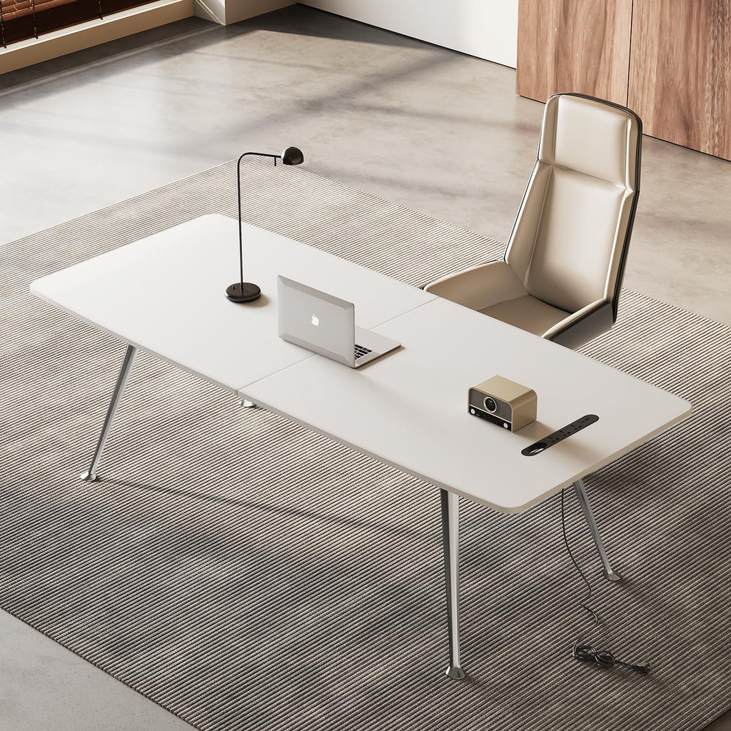 Writing Computer Desk, 60-Inch Large Executive Desk Office Workstation with Chrome-Plated Legs and Built-in Power Outlet, Writing Table Business Furniture, Modern Minimalist Style for Home Office