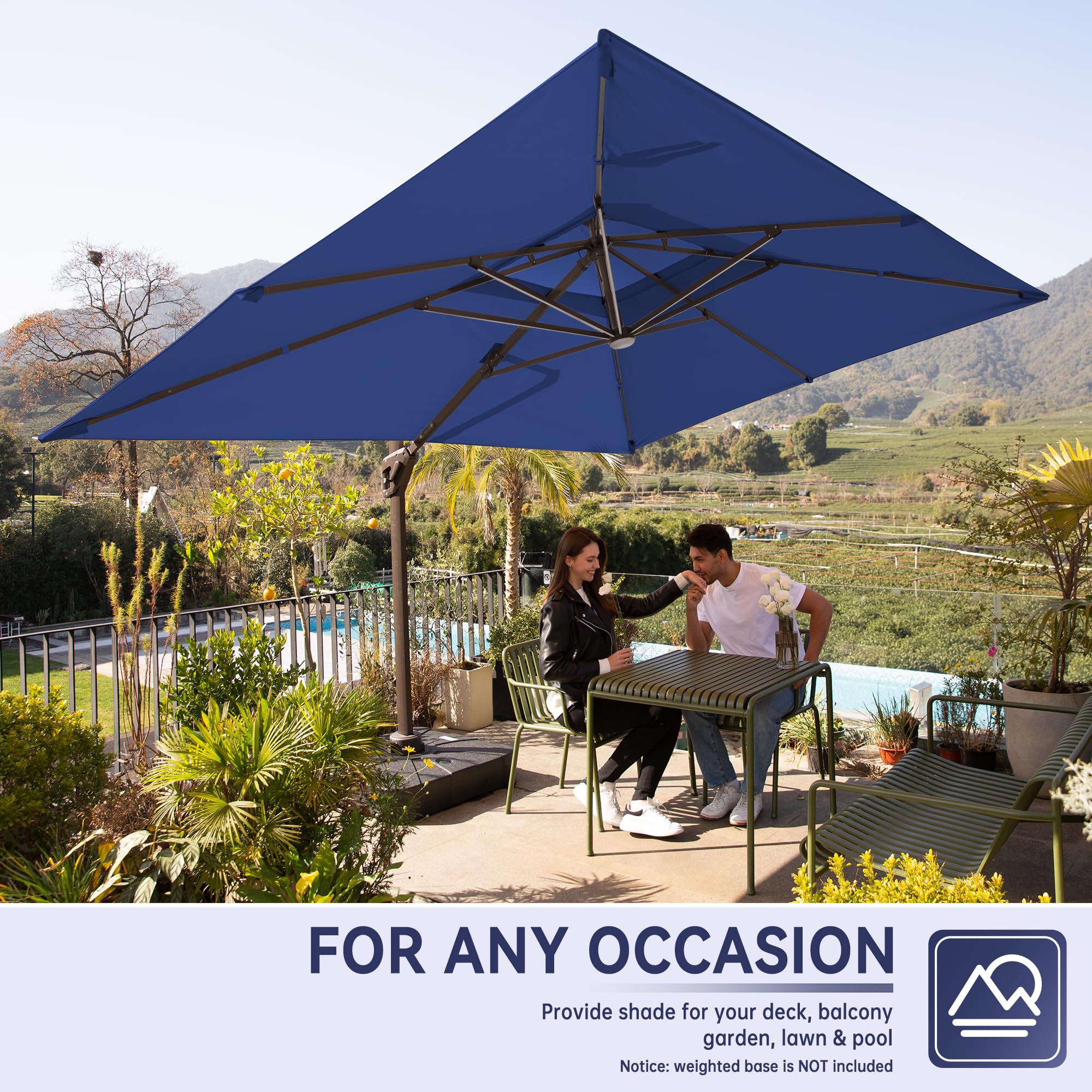 10 X 13 FT Cantilever Outdoor Patio Umbrella with Base Included Large Heavy Duty 360° Rotation Double Top Offset Rectangular Umbrellas with Led Lights for Backyard Outside Deck, NAVY