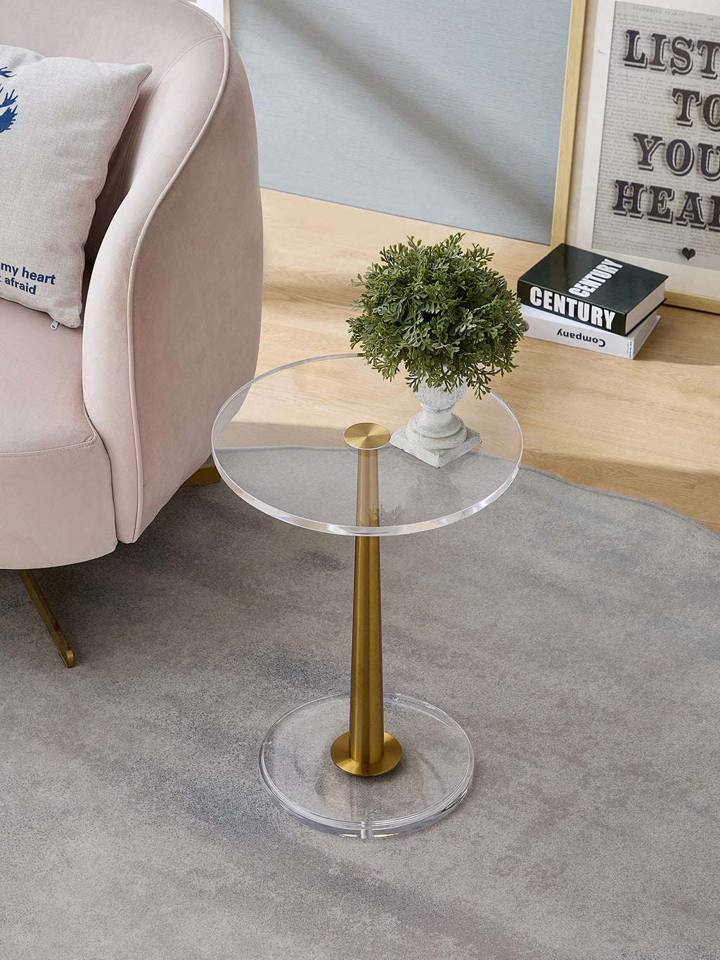 Clear Acrylic Table with Cone Metal Pole (Small, Brushed Gold) …