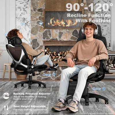 Ergonomic Mesh Office Chair with Footrest, Big and Tall Hone Desk Chair with 5D Flip-Up Arms, Adjustable 3D Lumbar Support,Gaming & Executive Computer Chairs