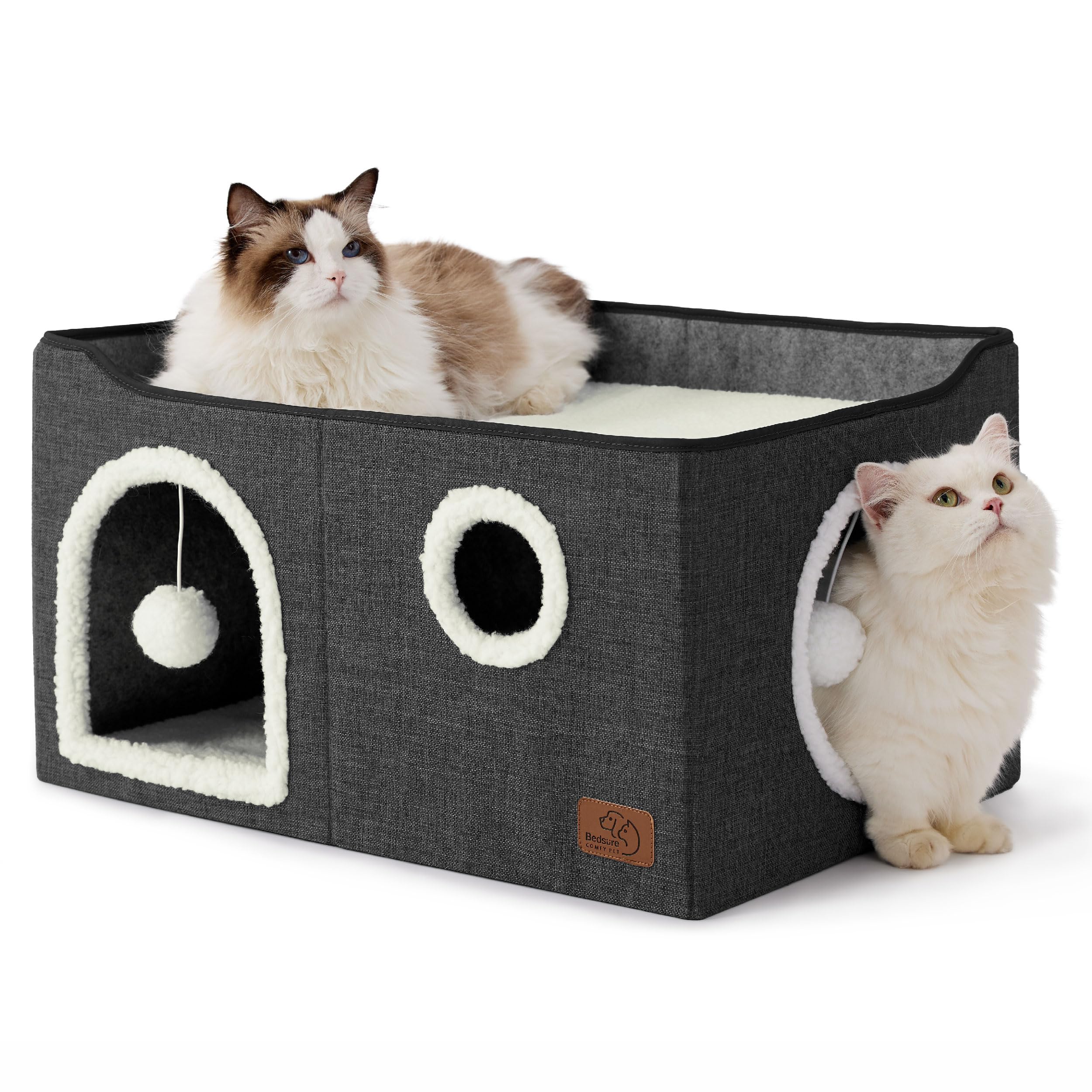 Large Cat Beds for Indoor Cats - Extra Wide Cat Cube House for Small Pet with Fluffy Ball Hanging and Scratch Pad, Foldable Pet Cave Hideaway for Multiple Cats, 23.6x16.9x13 inches, Dark Grey