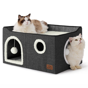 Large Cat Beds for Indoor Cats - Extra Wide Cat Cube House for Small Pet with Fluffy Ball Hanging and Scratch Pad, Foldable Pet Cave Hideaway for Multiple Cats, 23.6x16.9x13 inches, Dark Grey