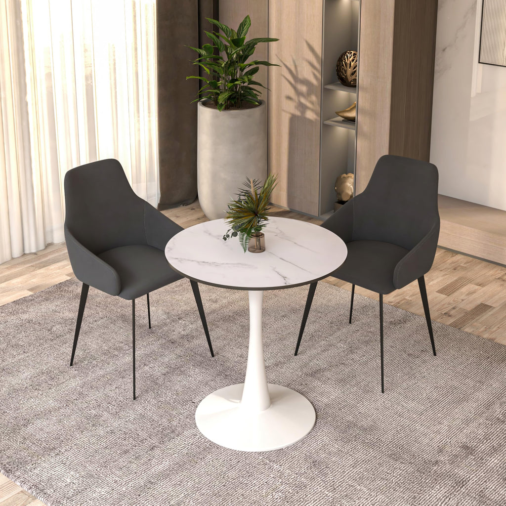 24" Wide Round Dining Table, Modern MDF Wood Top & White Metal Pedestal Base Gloss Finish Accent Table Mid-Century Café Table, Kitchen Dining Room Furniture, Marbled White