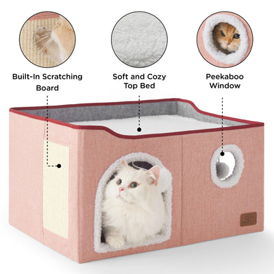 Large Cat Beds for Indoor Cats - Extra Wide Cat Cube House for Small Pet with Fluffy Ball Hanging and Scratch Pad, Foldable Pet Cave Hideaway for Multiple Cats, 23.6x16.9x13 inches,Pink