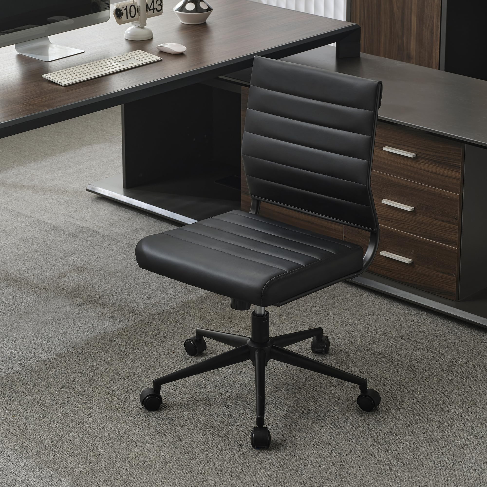 Office Desk Chair No Arms, Mid Back Ergonomic Swivel Black Armless Conference Room Chairs, Adjustable Height PU Leather Home Desk Chair, Modern Small Rolling Computer Task Chair