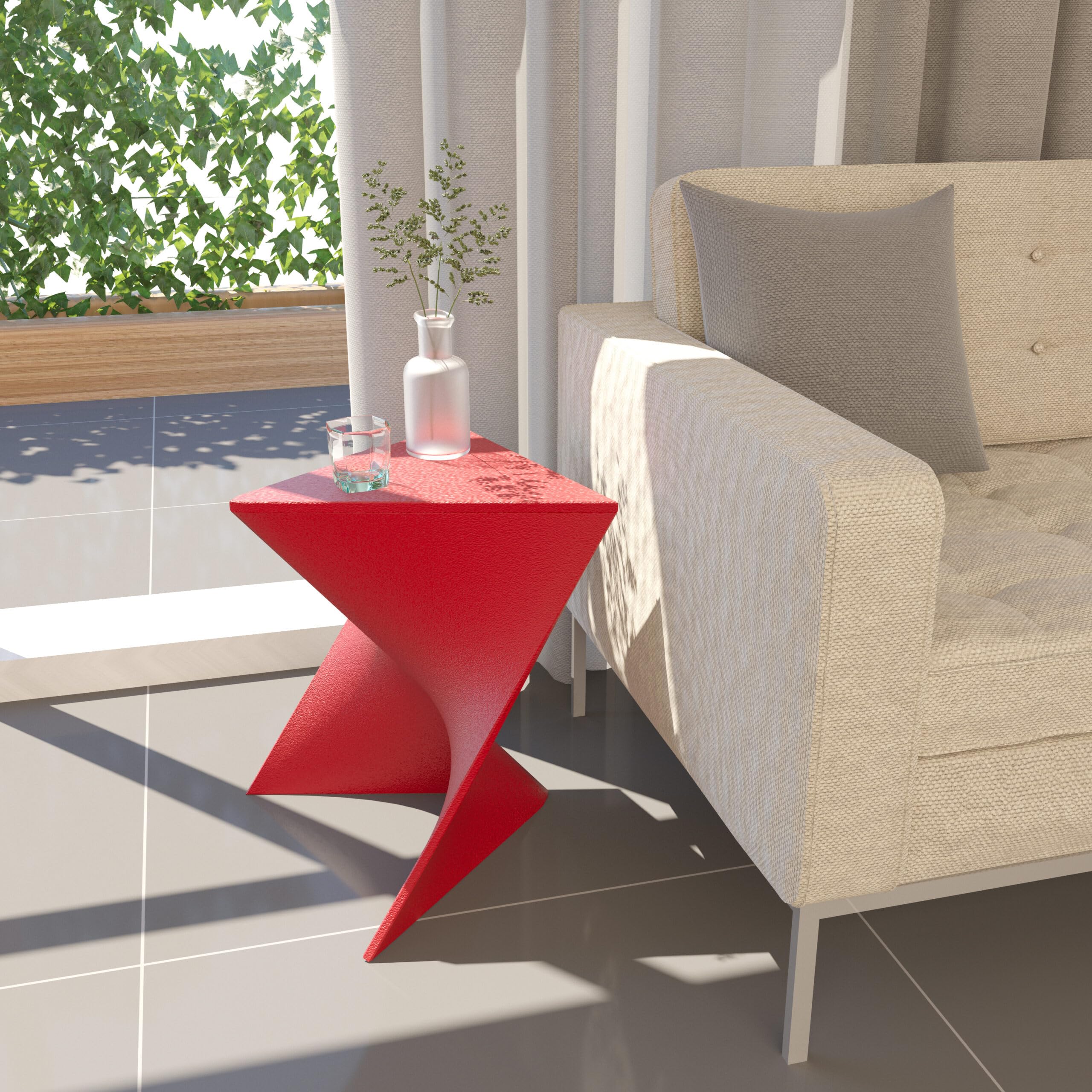 15.75" Triangular Side Table, Stackable Plastic Accent End Table for Indoor & Outdoor Use, Weather-Resistant Modern Patio & Living Room Table, Set of 4, Red