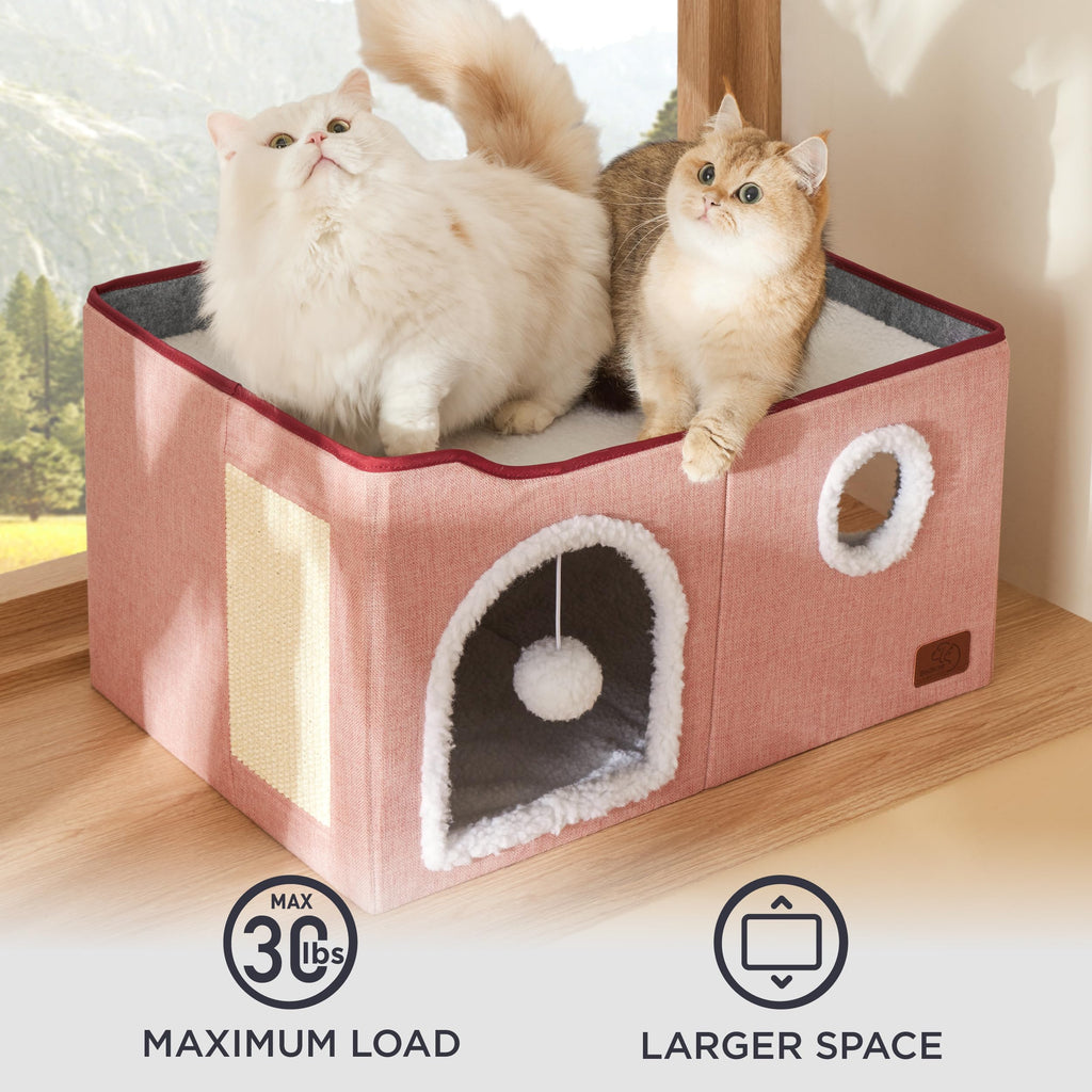 Large Cat Beds for Indoor Cats - Extra Wide Cat Cube House for Small Pet with Fluffy Ball Hanging and Scratch Pad, Foldable Pet Cave Hideaway for Multiple Cats, 23.6x16.9x13 inches,Pink