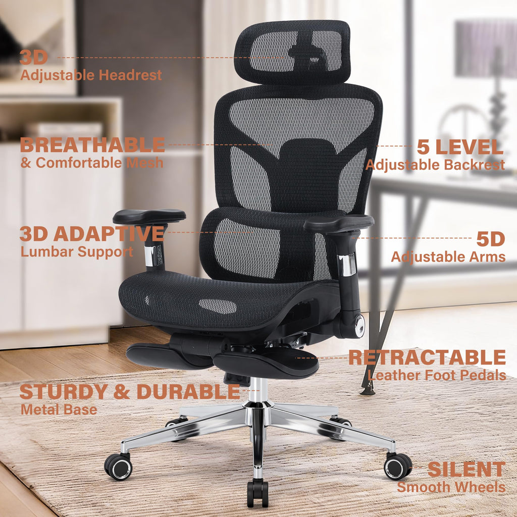Ergonomic Office Chair with Footrest-Mesh Desk Chair with Adjustable Headrest, 5D Armrests, 3D Lumbar Support & Adjustable Backrest, High Back Swivel Computer Chairs, Heavy Duty Metal Base 400lbs