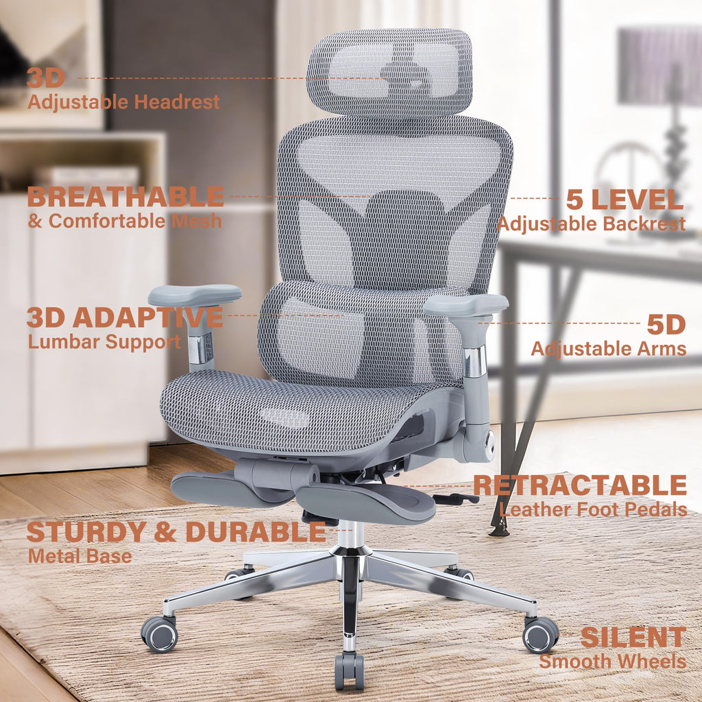Ergonomic Office Chair with Footrest-Mesh Desk Chair with Adjustable Headrest, 5D Armrests, 3D Lumbar Support & Adjustable Backrest, High Back Swivel Computer Chairs, Heavy Duty Metal Base 400lbs