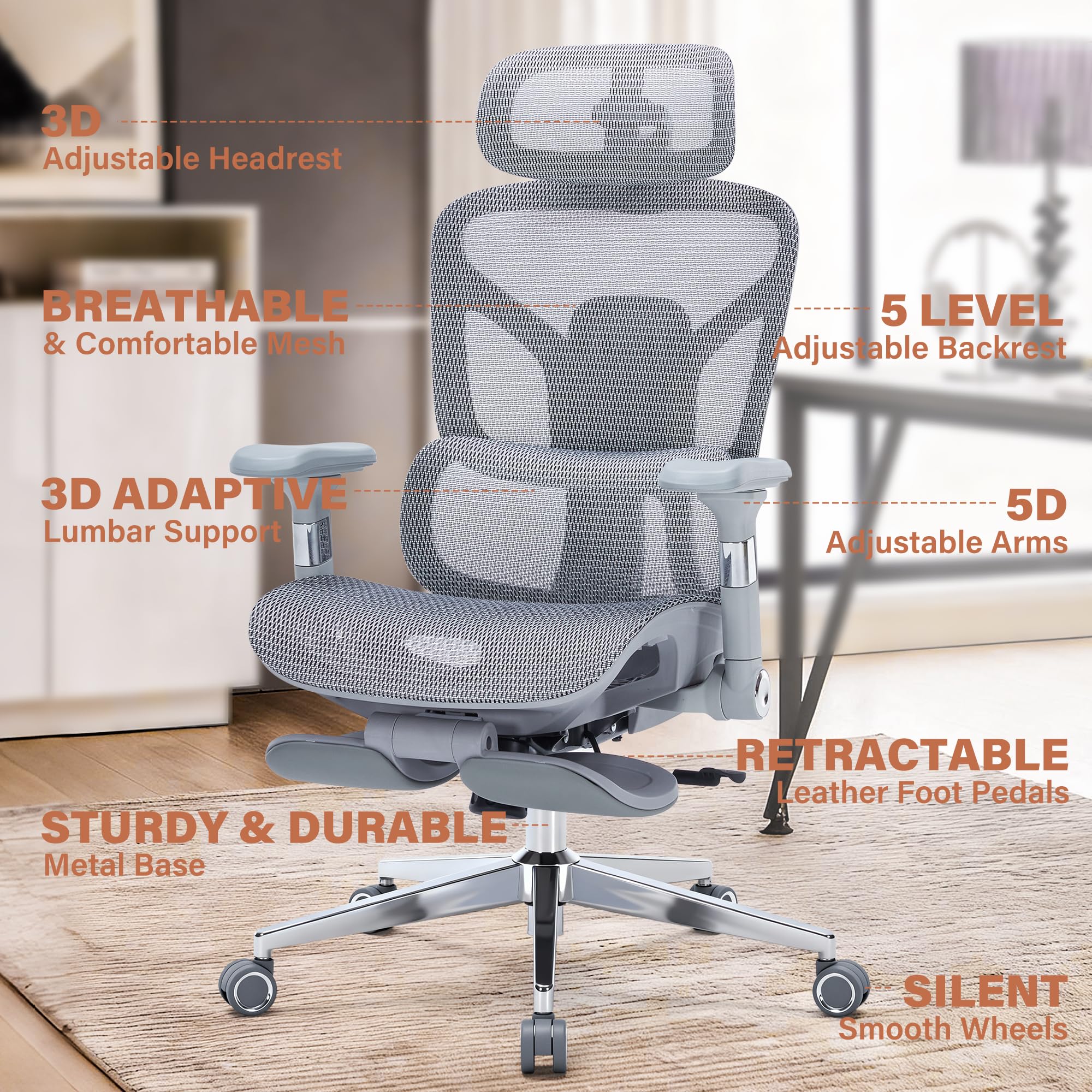 Ergonomic Office Chair with Footrest-Mesh Desk Chair with Adjustable Headrest, 5D Armrests, 3D Lumbar Support & Adjustable Backrest, High Back Swivel Computer Chairs, Heavy Duty Metal Base 400lbs