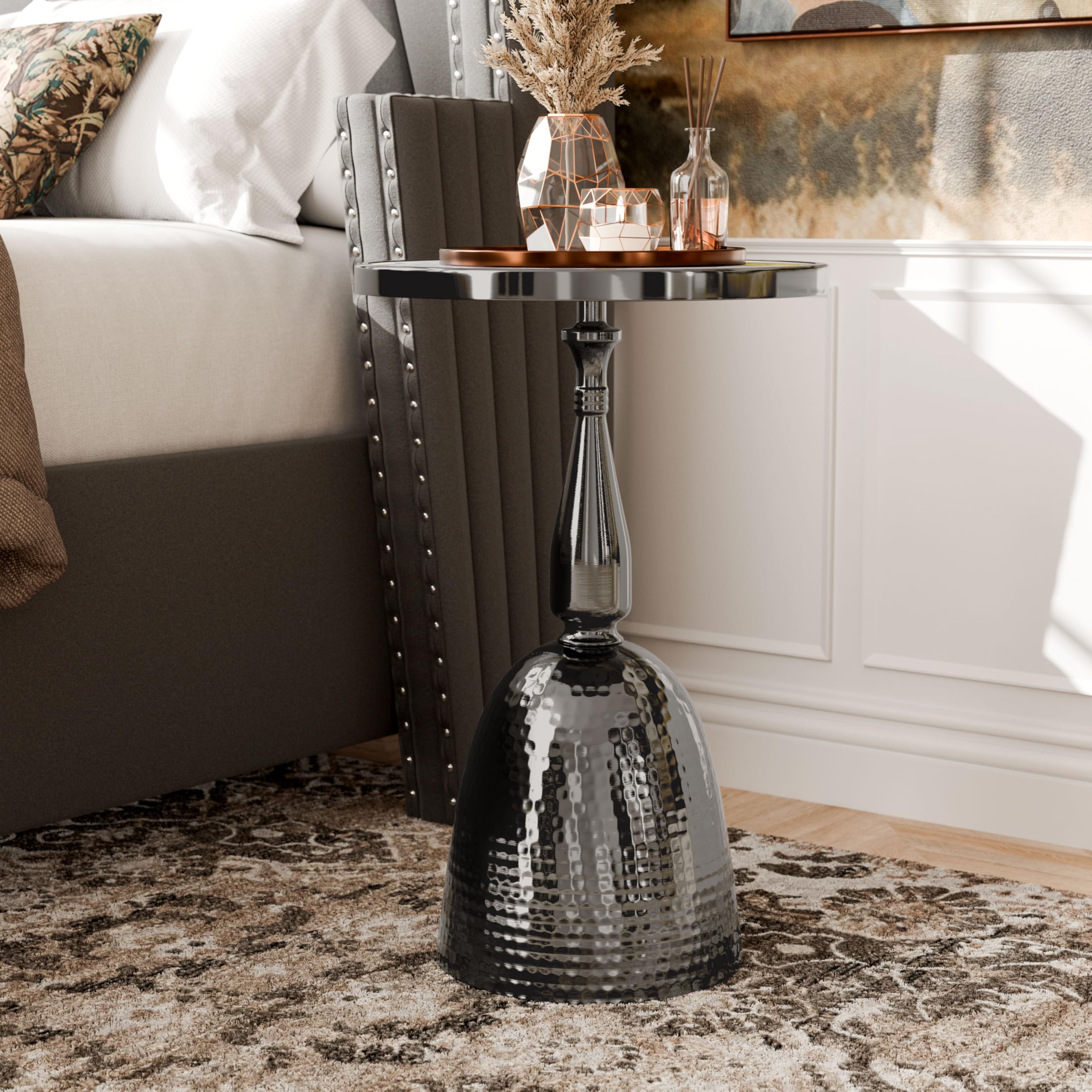 Modern 24" Tall Round End Table with Decorated Tabletop and Iron Metal Base, Accent Furniture, Elegant Pedestal Stand for Living Room, Home Office, Black with Faux Marble