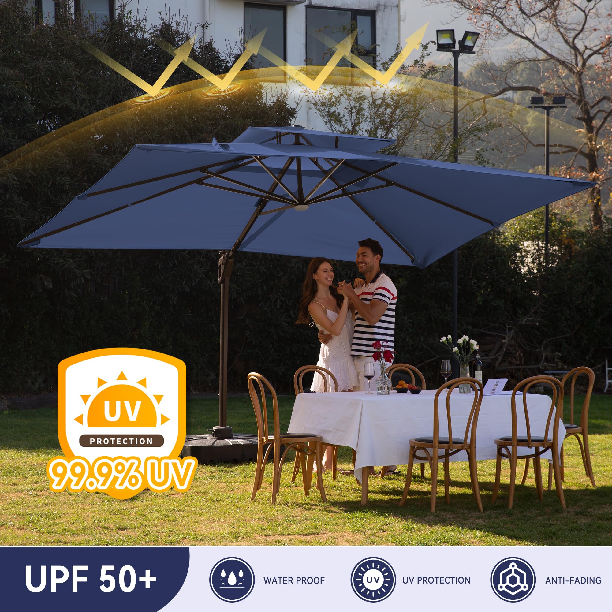 10 X 13 FT Cantilever Outdoor Patio Umbrella with Base Included Large Heavy Duty 360° Rotation Double Top Offset Rectangular Umbrellas with Led Lights for Backyard Outside Deck, NAVY