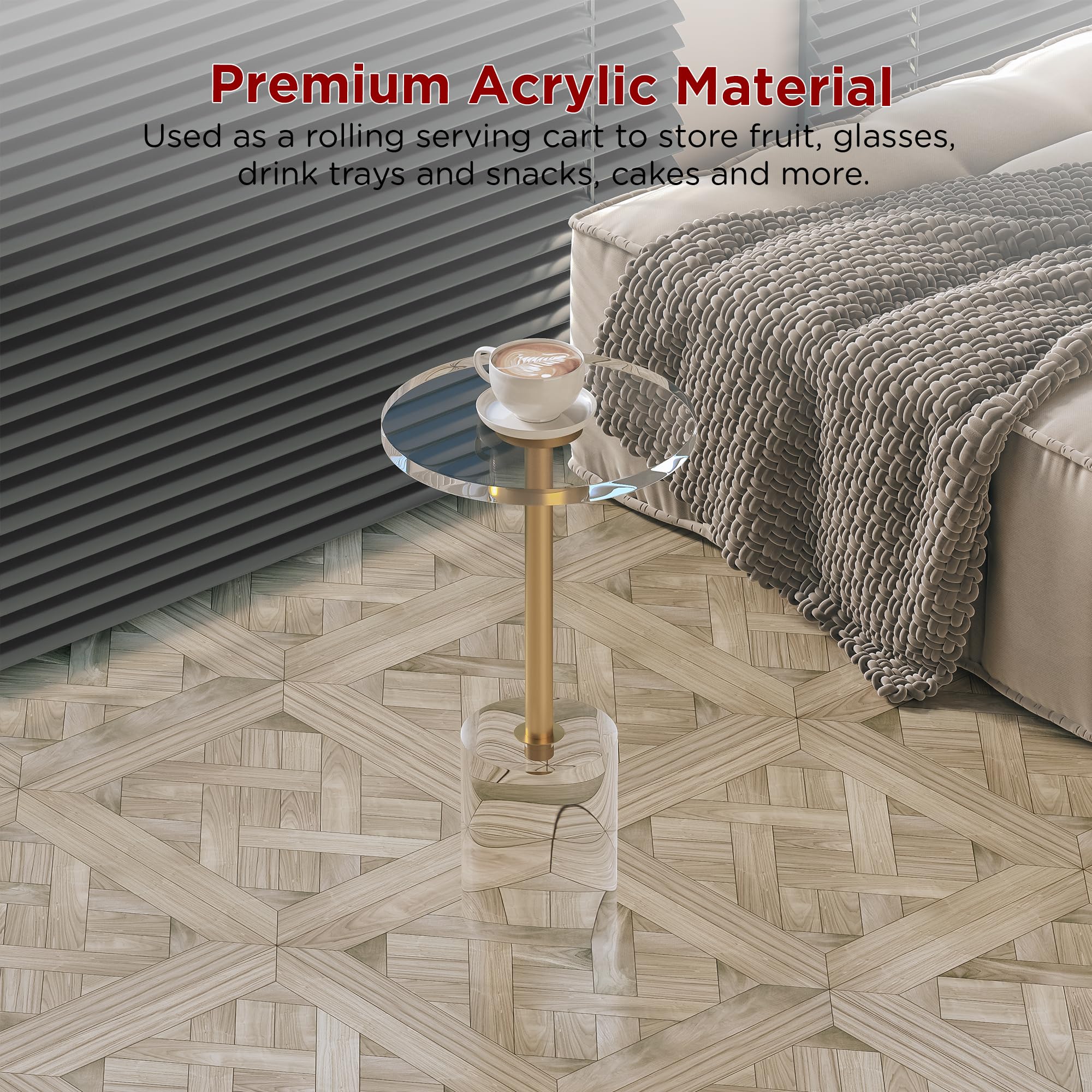 Clear Acrylic End Table, Modern Minimalist Round Side Table with Solid Base for Living Room, Bedroom, and Office, 12x12 inch, Easy Assembly, Transparent Design, Brushed Brass Metal Accent