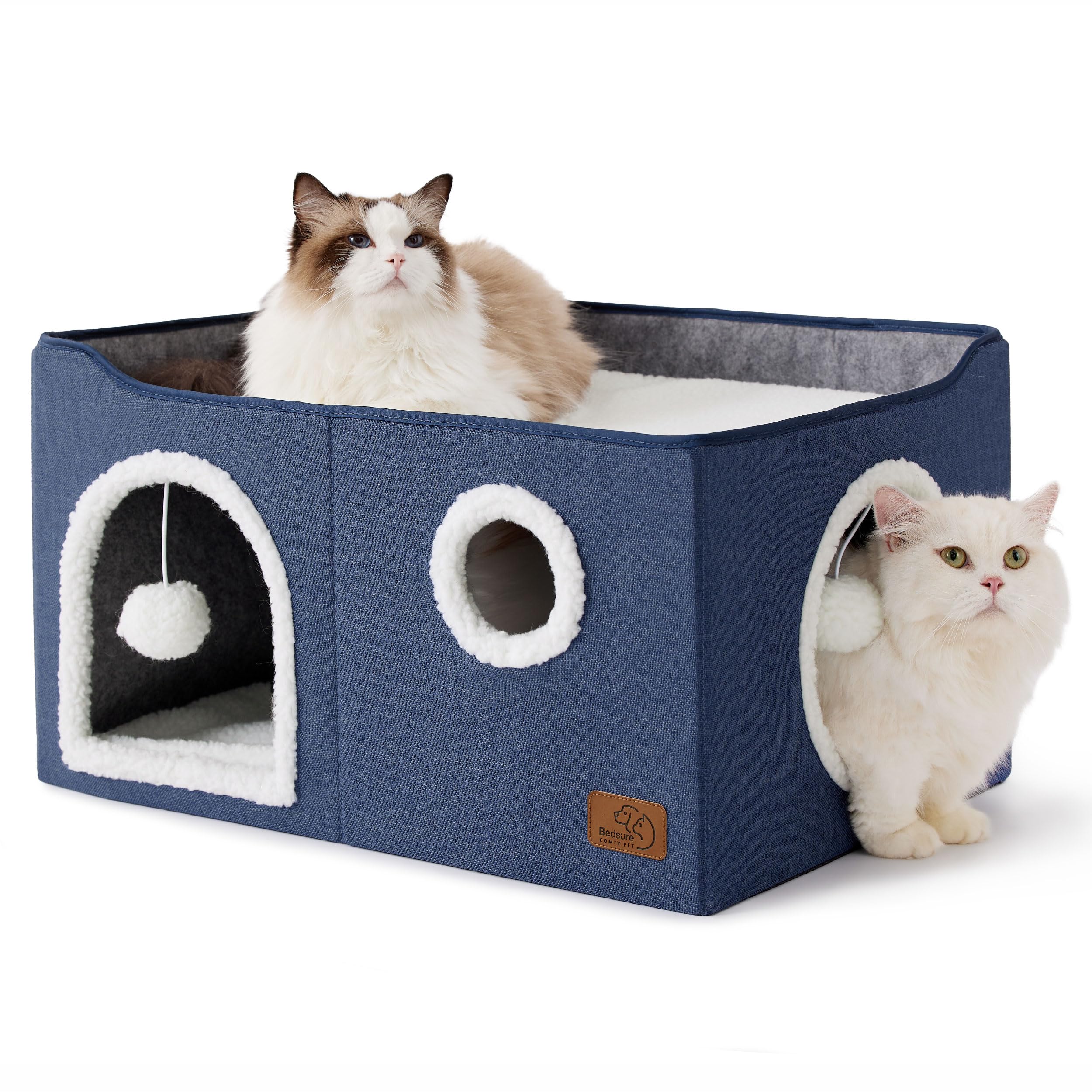 Large Cat Beds for Indoor Cats - Extra Wide Cat Cube House for Small Pet with Fluffy Ball Hanging and Scratch Pad, Foldable Pet Cave Hideaway for Multiple Cats, 23.6x16.9x13 inches, Blue