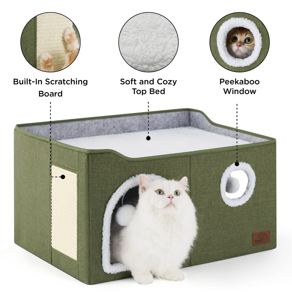 Large Cat Beds for Indoor Cats - Extra Wide Cat Cube House for Small Pet with Fluffy Ball Hanging and Scratch Pad, Foldable Pet Cave Hideaway for Multiple Cats, 23.6x16.9x13 inches