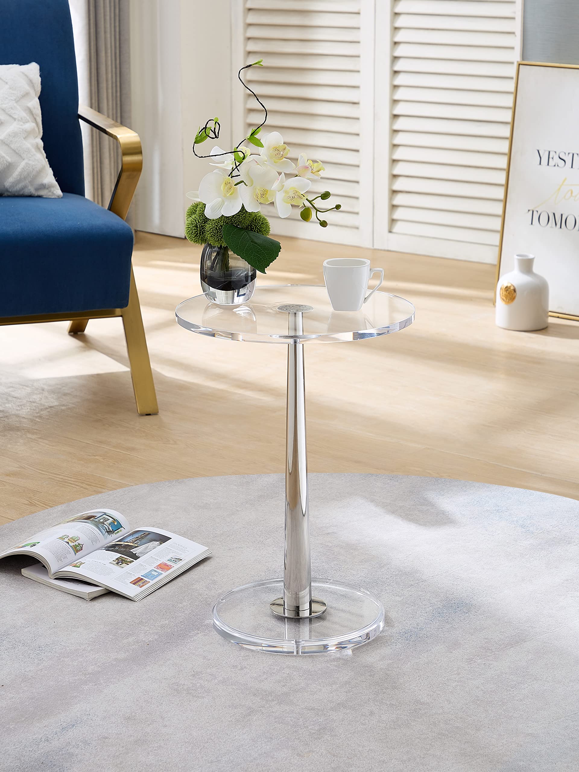 Clear Acrylic Table with Cone Metal Pole (Small, Silver) …