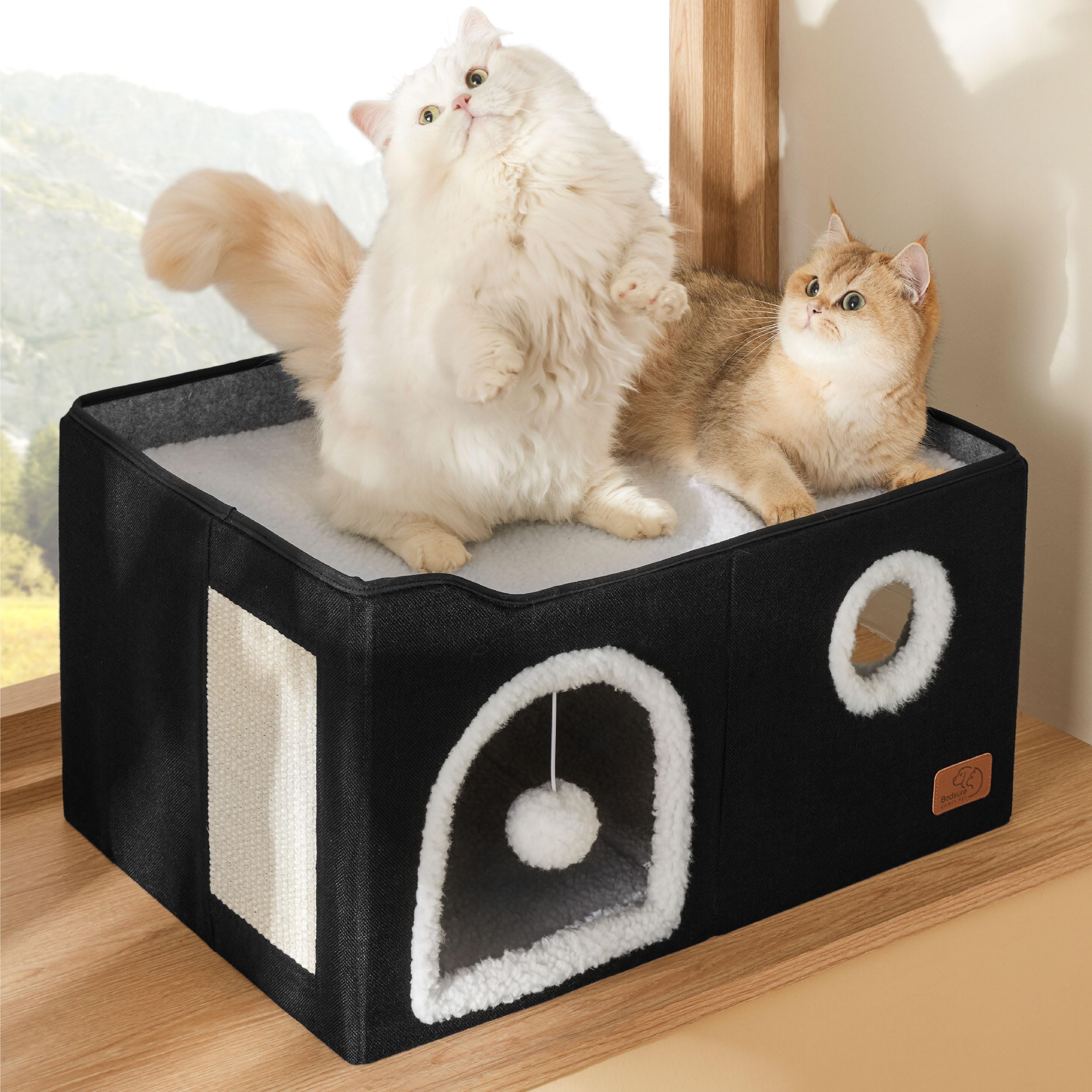 Large Cat Beds for Indoor Cats - Extra Wide Cat Cube House for Small Pet with Fluffy Ball Hanging and Scratch Pad, Foldable Pet Cave Hideaway for Multiple Cats, 23.6x16.9x13 inches, Black