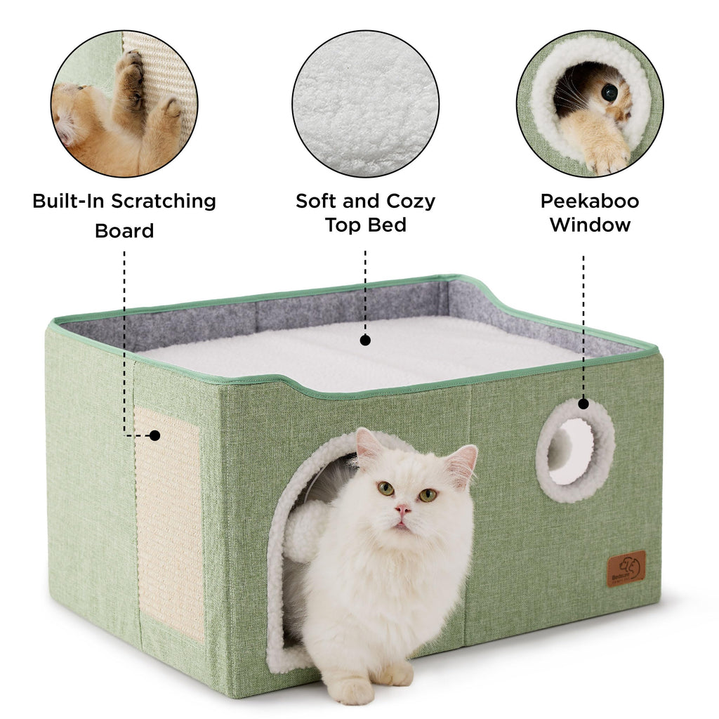Large Cat Beds for Indoor Cats - Extra Wide Cat Cube House for Small Pet with Fluffy Ball Hanging and Scratch Pad, Foldable Pet Cave Hideaway for Multiple Cats, 23.6x16.9x13 inches, Green