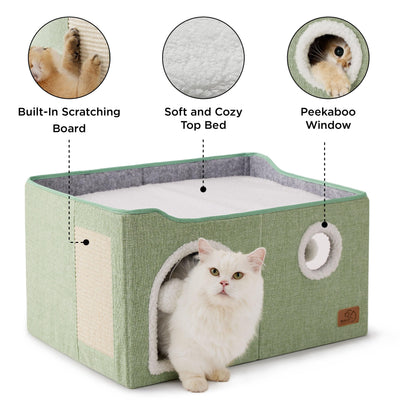 Large Cat Beds for Indoor Cats - Extra Wide Cat Cube House for Small Pet with Fluffy Ball Hanging and Scratch Pad, Foldable Pet Cave Hideaway for Multiple Cats, 23.6x16.9x13 inches, Green