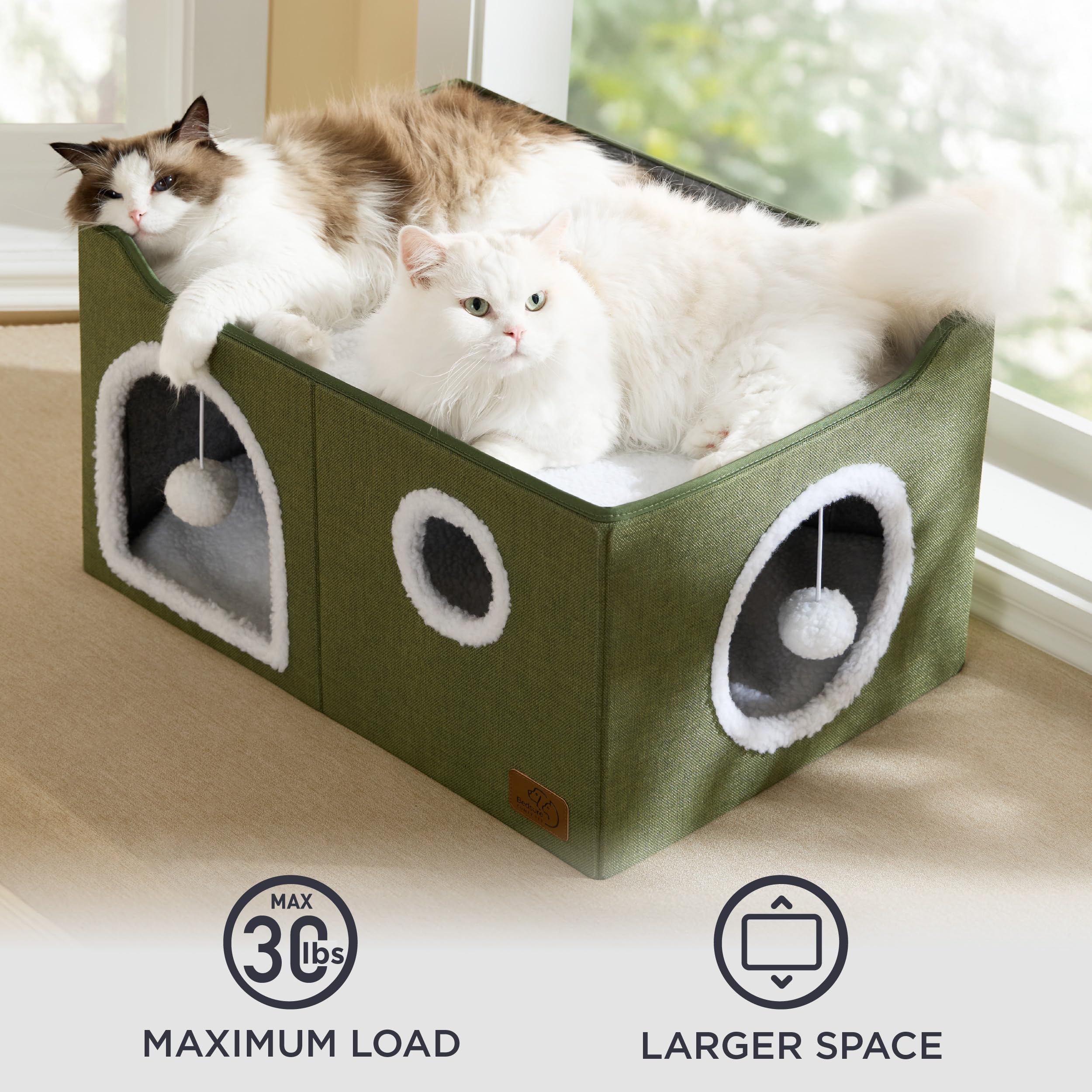 Large Cat Beds for Indoor Cats - Extra Wide Cat Cube House for Small Pet with Fluffy Ball Hanging and Scratch Pad, Foldable Pet Cave Hideaway for Multiple Cats, 23.6x16.9x13 inches
