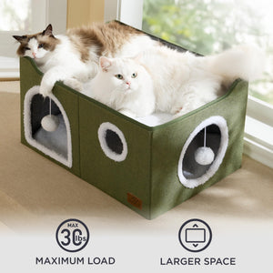 Large Cat Beds for Indoor Cats - Extra Wide Cat Cube House for Small Pet with Fluffy Ball Hanging and Scratch Pad, Foldable Pet Cave Hideaway for Multiple Cats, 23.6x16.9x13 inches