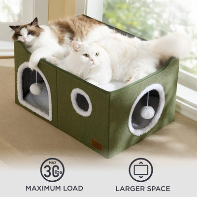Large Cat Beds for Indoor Cats - Extra Wide Cat Cube House for Small Pet with Fluffy Ball Hanging and Scratch Pad, Foldable Pet Cave Hideaway for Multiple Cats, 23.6x16.9x13 inches