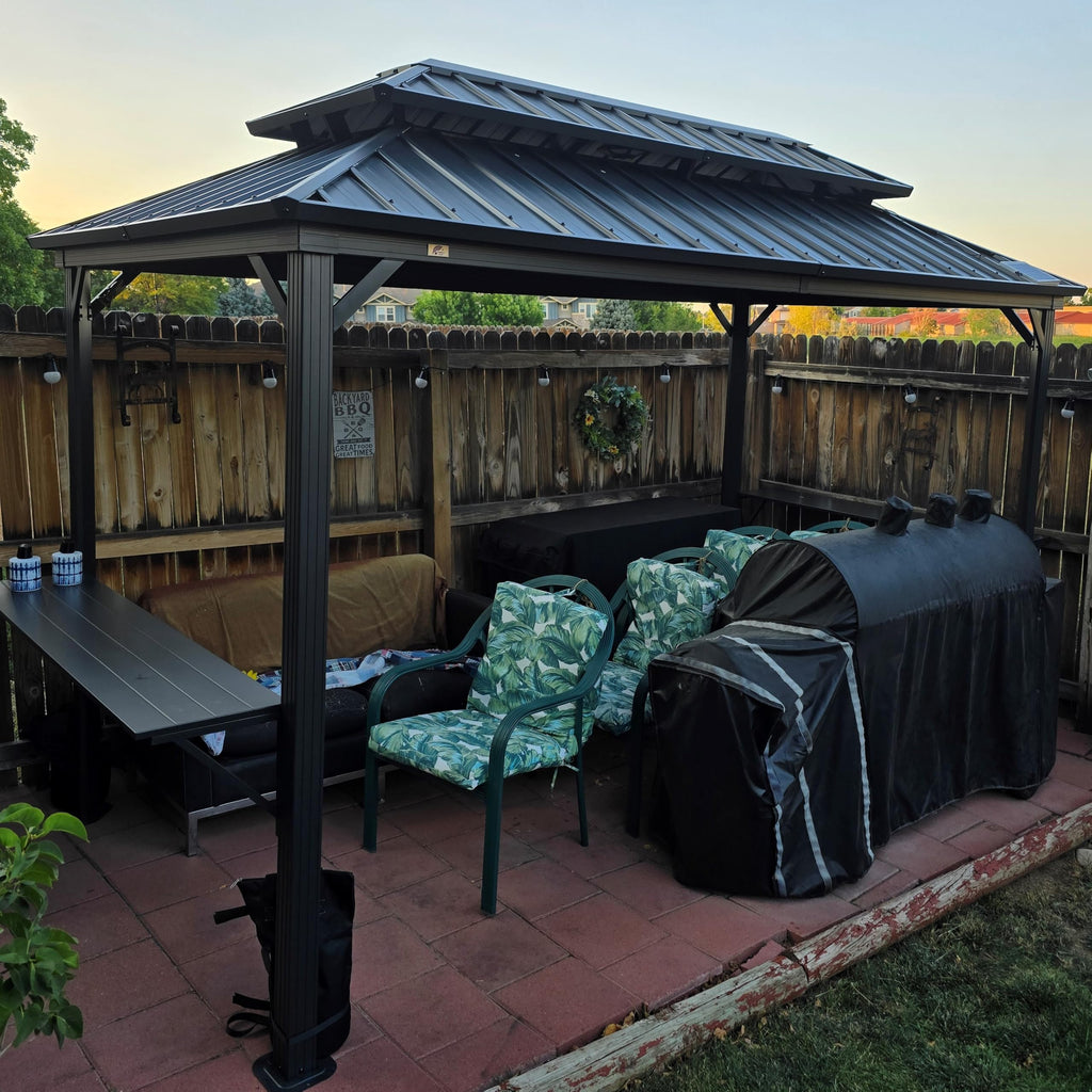 6.5' X 10' Hardtop Grill Gazebo for Patio Permanent Aluminum Barbeque Shelter Gazebo Canopy with Ceiling Hook and Shelves Double Tiered Grey Outdoor BBQ