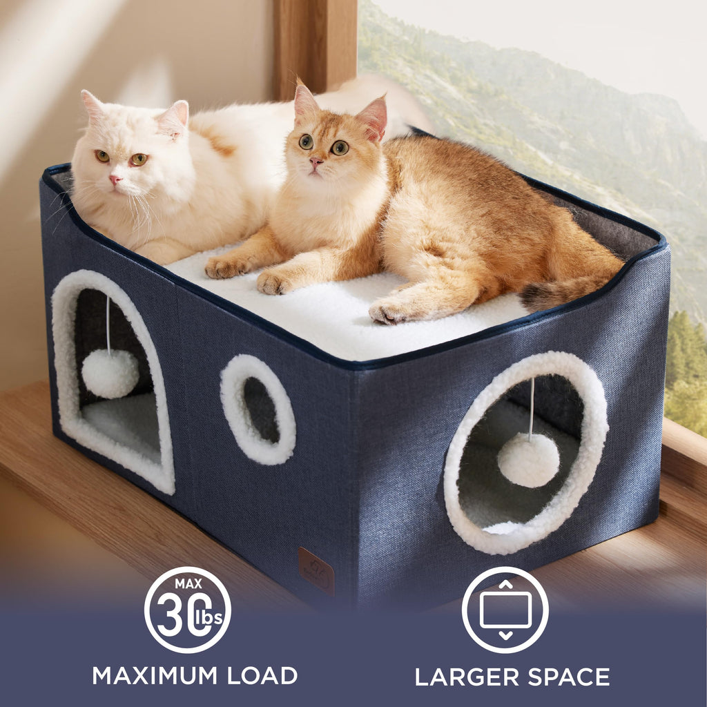 Large Cat Beds for Indoor Cats - Extra Wide Cat Cube House for Small Pet with Fluffy Ball Hanging and Scratch Pad, Foldable Pet Cave Hideaway for Multiple Cats, 23.6x16.9x13 inches, Blue