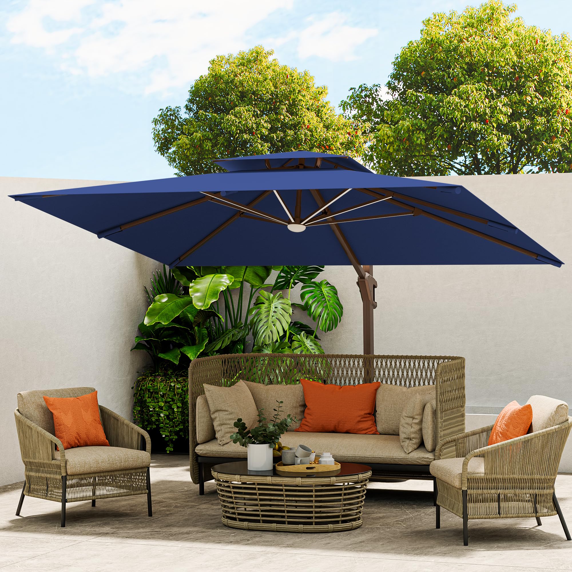10 X 13 FT Cantilever Outdoor Patio Umbrella with Base Included Large Heavy Duty 360° Rotation Double Top Offset Rectangular Umbrellas with Led Lights for Backyard Outside Deck, NAVY