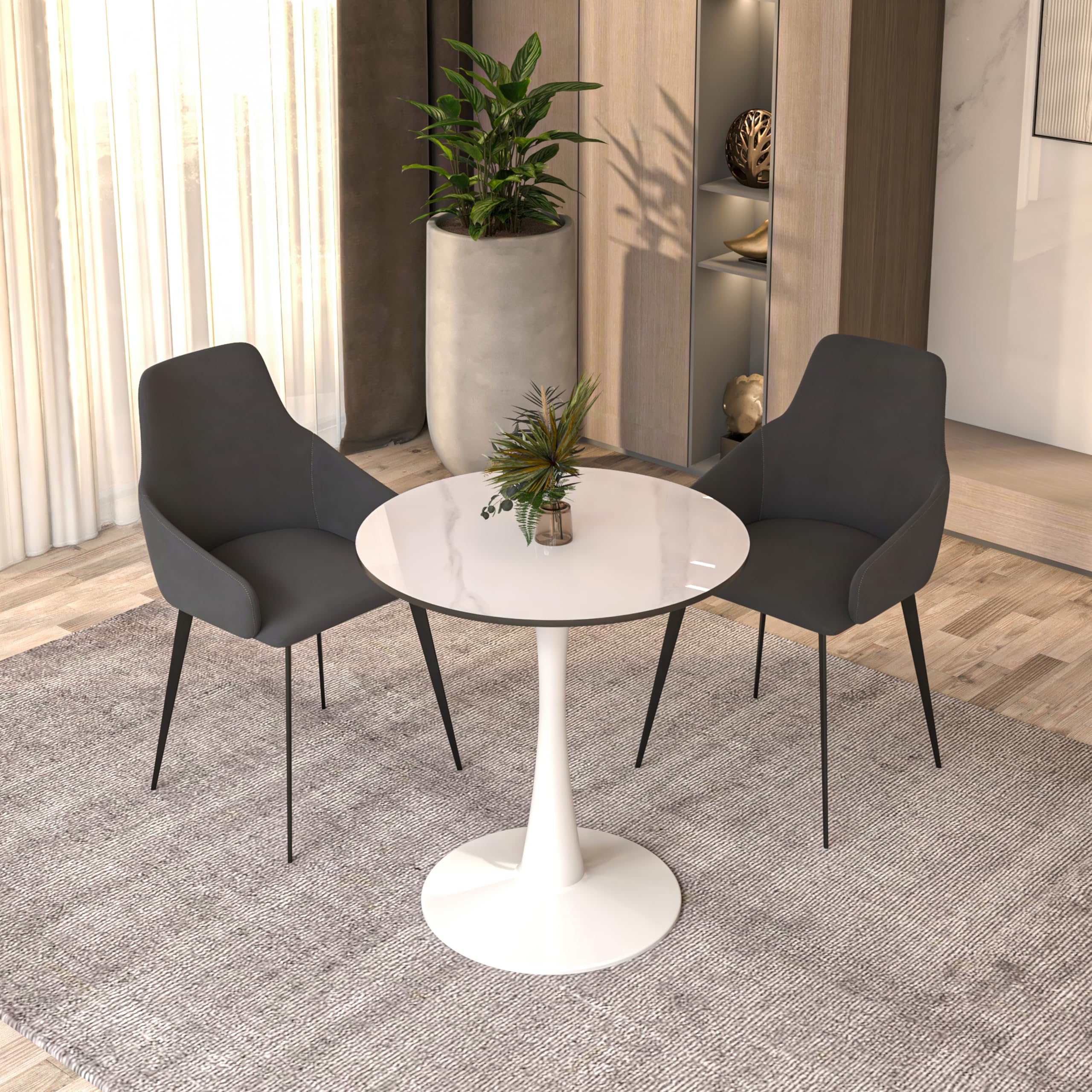 24" Wide Round Dining Table, Modern Sintered Stone Top & White Metal Pedestal Base Gloss Finish Accent Table Mid-Century Café Table, Kitchen Dining Room Furniture, White