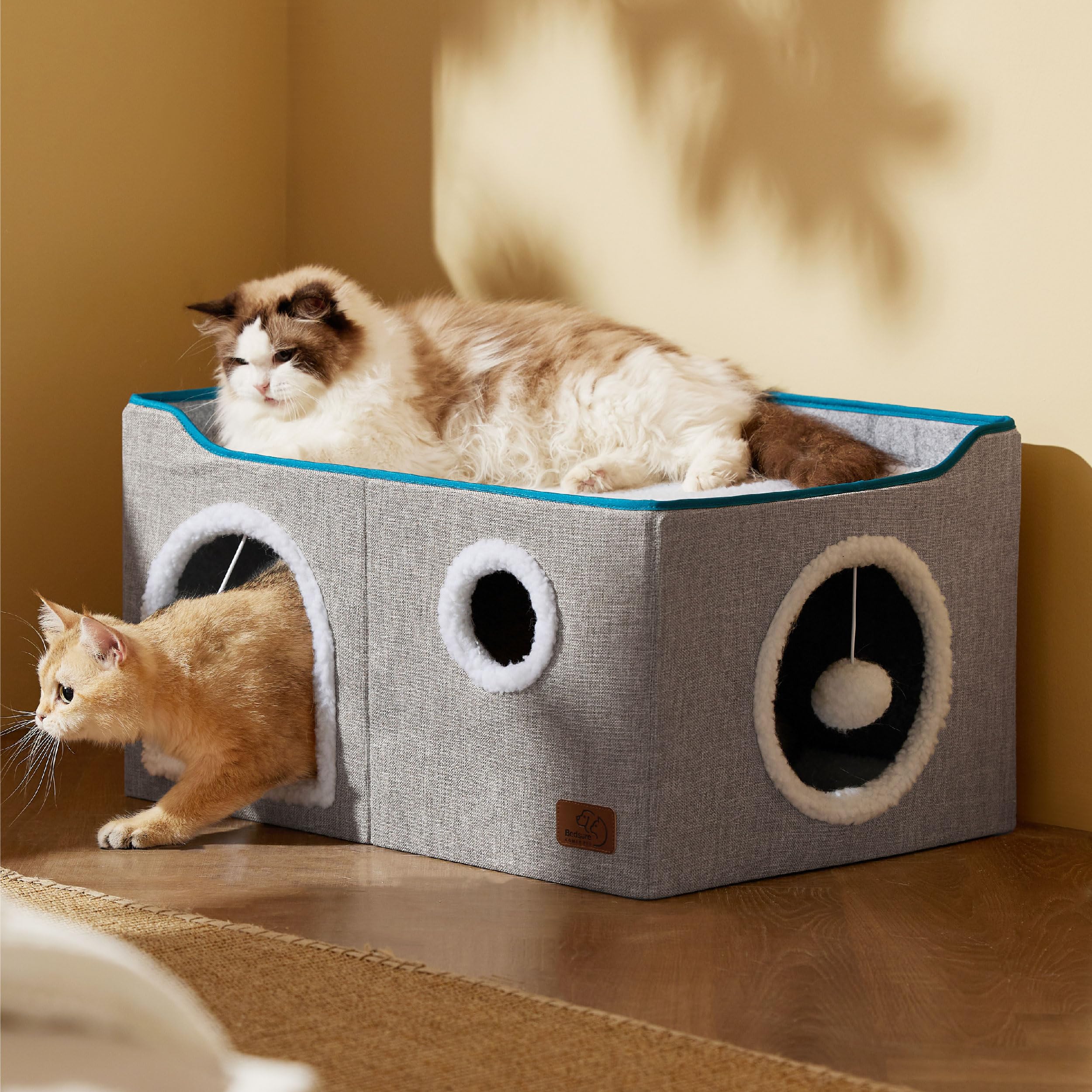 Large Cat Beds for Indoor Cats - Extra Wide Cat Cube House for Small Pet with Fluffy Ball Hanging and Scratch Pad, Foldable Pet Cave Hideaway for Multiple Cats, 23.6x16.9x13 inches, Grey