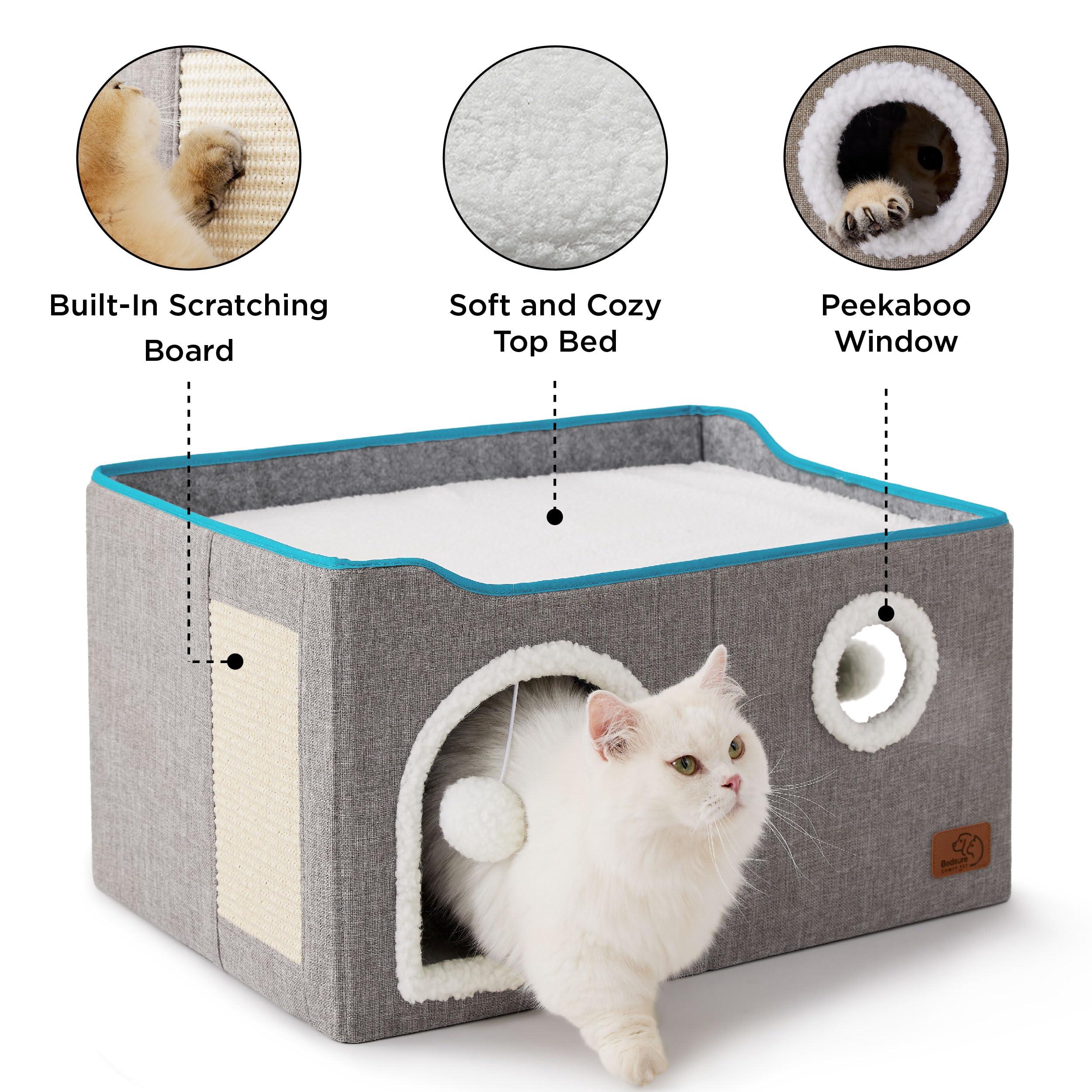 Large Cat Beds for Indoor Cats - Extra Wide Cat Cube House for Small Pet with Fluffy Ball Hanging and Scratch Pad, Foldable Pet Cave Hideaway for Multiple Cats, 23.6x16.9x13 inches, Grey